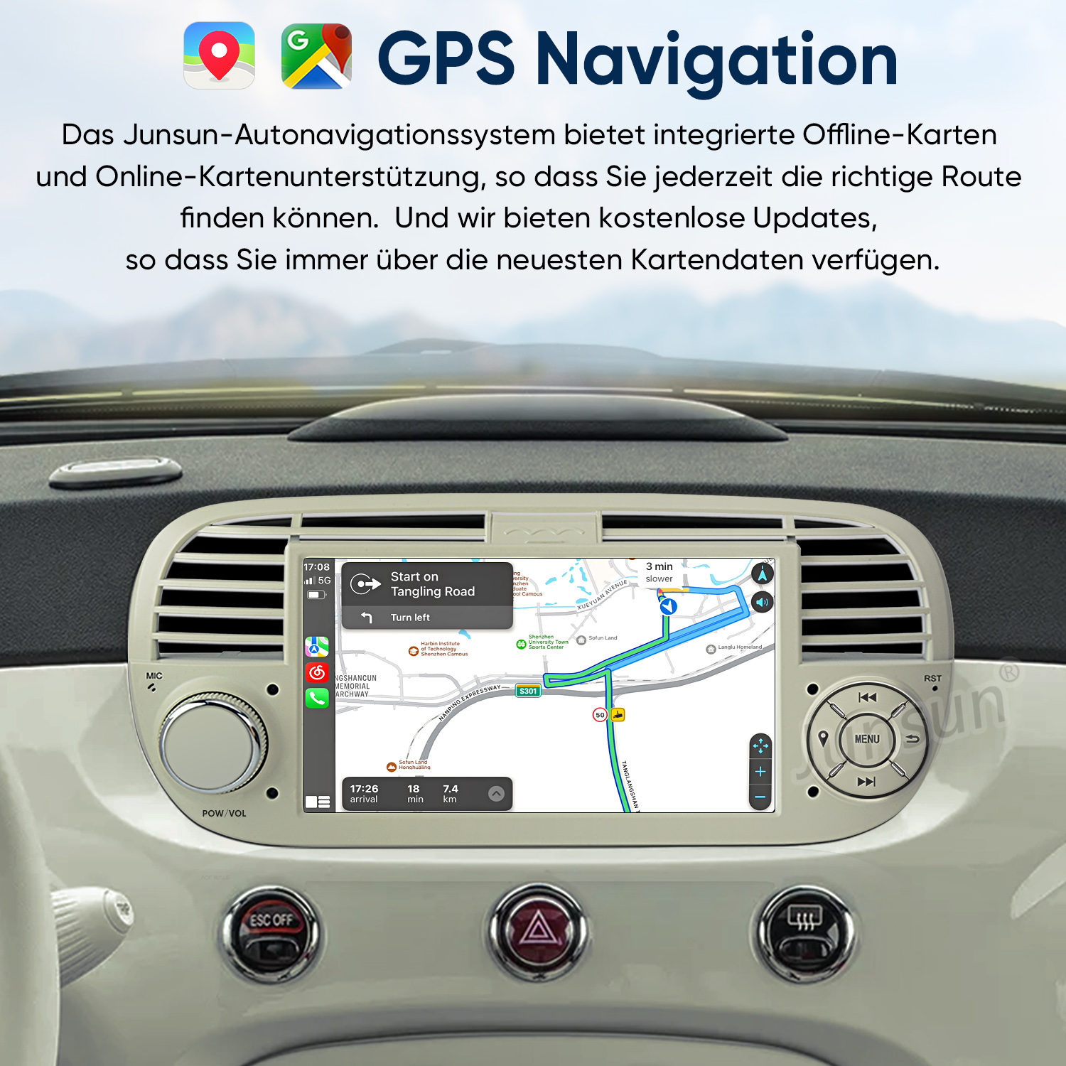 Armaturenbrett mit GPS-Navigation auf dem Touchscreen und Bedienelementen.