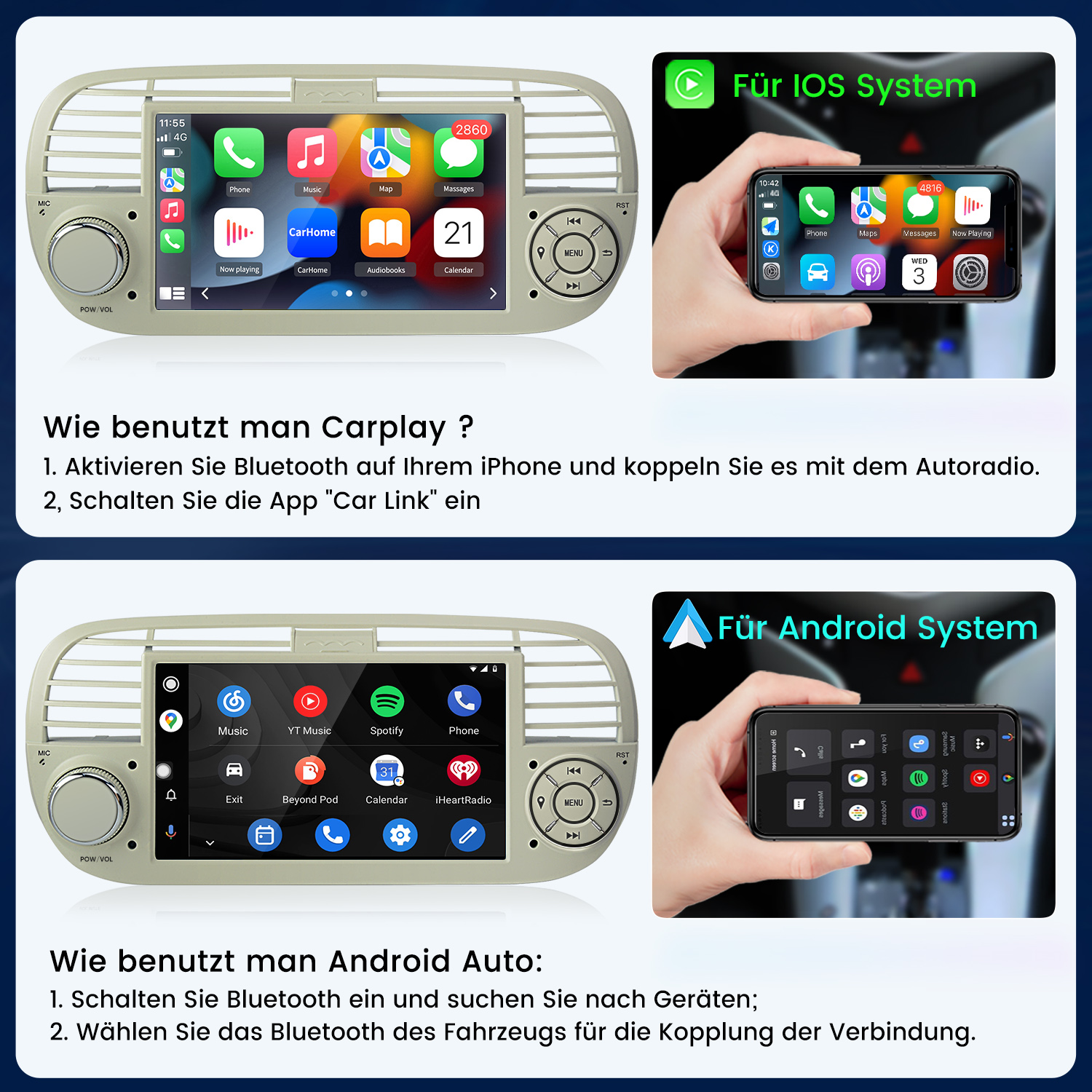 Ein Auto-Infotainmentsystem zeigt Carplay mit Symbolen wie Telefon, Musik und Kalender.