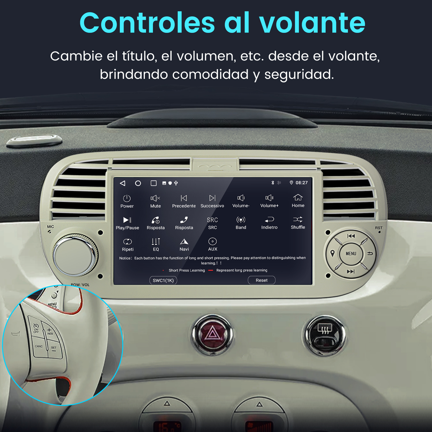 Auto-Innenraum mit Touchscreen-Infotainmentsystem und Lenkradtasten.