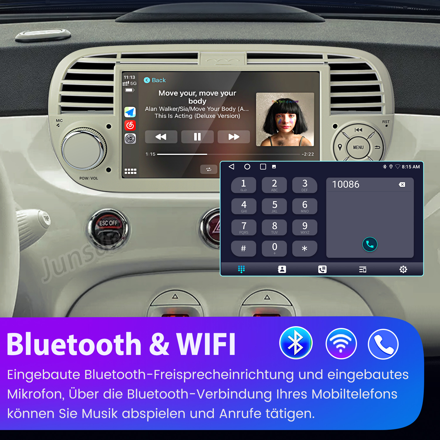 Autoinnenraum mit Touchscreen-Display, das Musik und Telefonmenü zeigt.