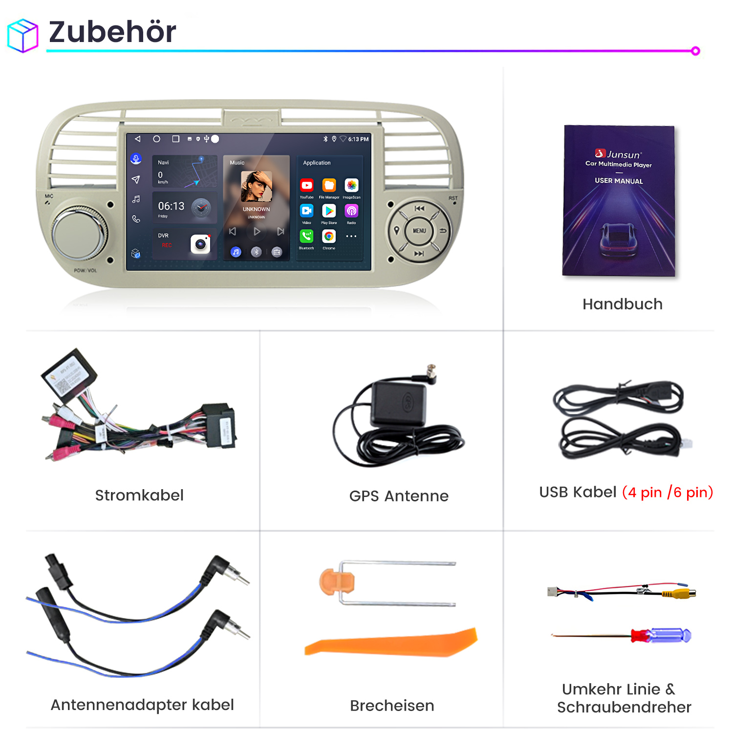 Ein Autoradio-Bildschirm mit Zubehör: Stromkabel, GPS Antenne, USB-Kabel, Adapter, Werkzeug.