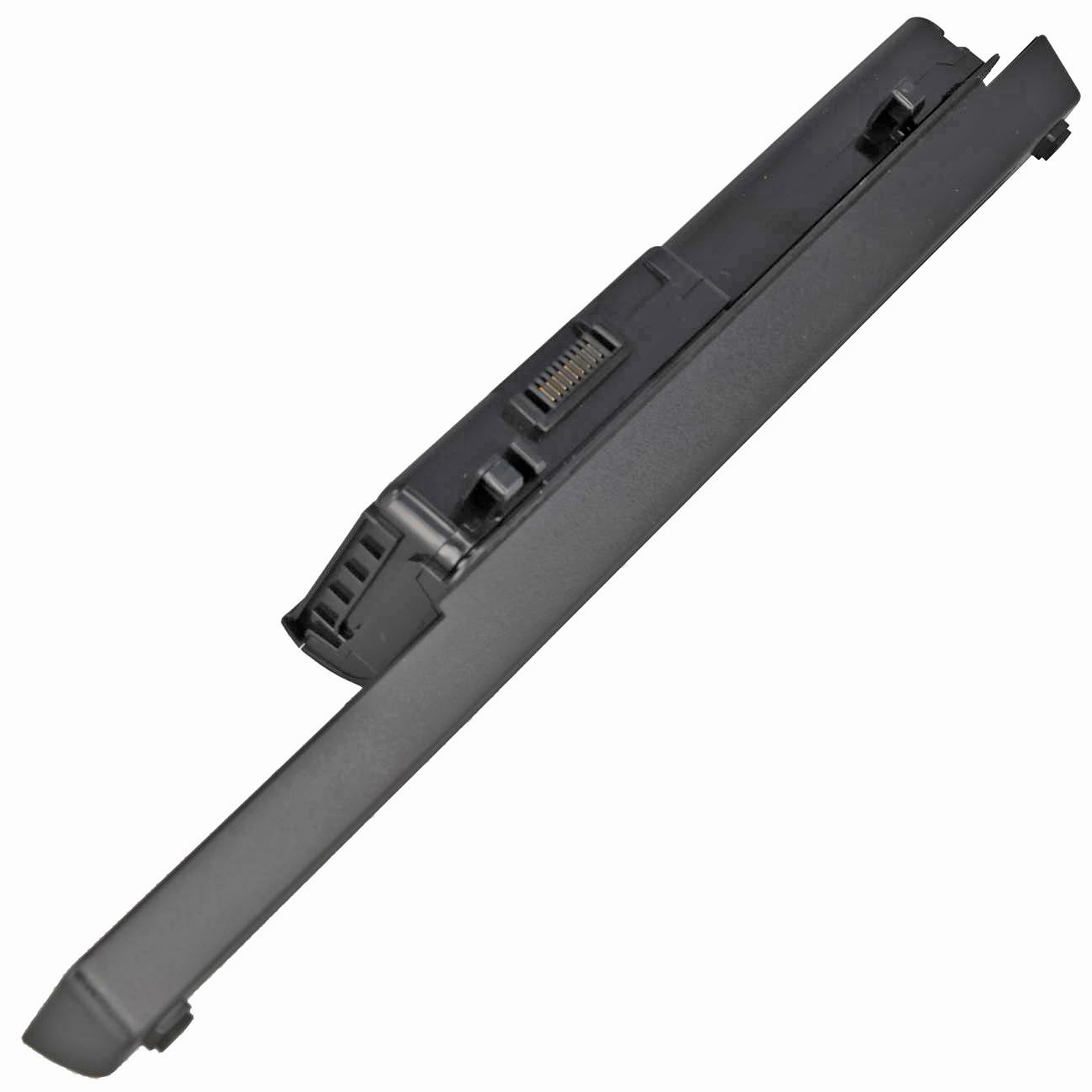 Schwarzer Laptop-Akku mit Anschlüssen und einem ausziehbaren Teil.