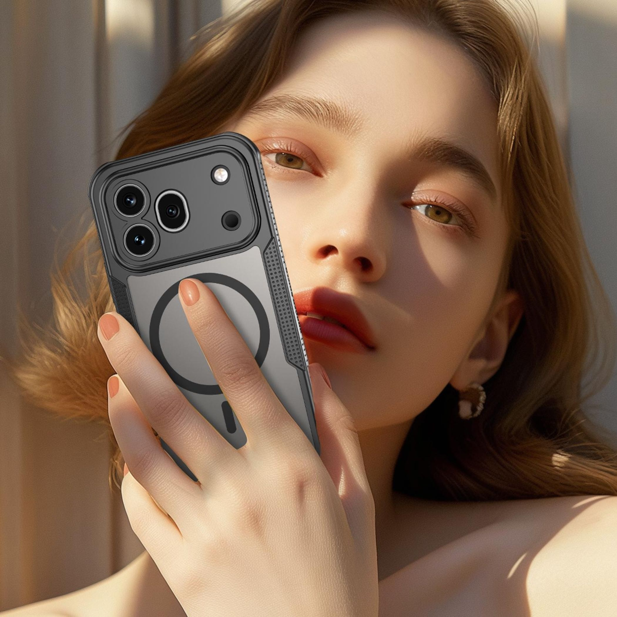 Frau mit Handy im Arm, nahaufnahme