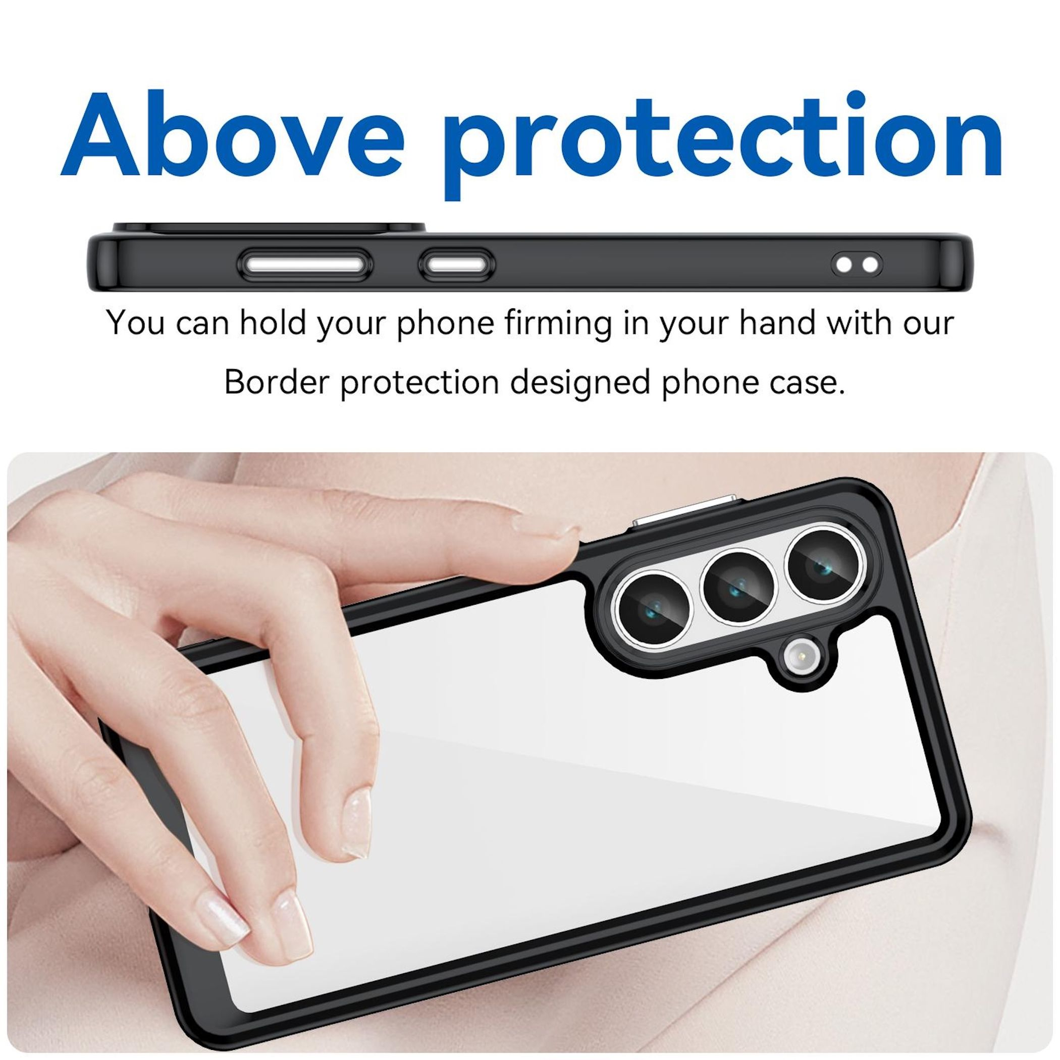 Eine Hand hält ein Smartphone mit schwarzem Rahmen und drei Kameralinsen.