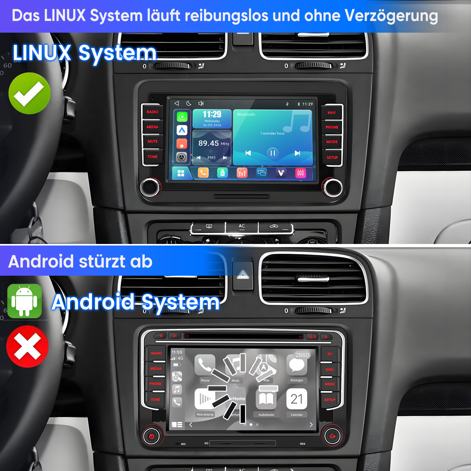 Vergleich zweier Autosysteme: LINUX-System läuft reibungslos, Android-System stürzt ab.