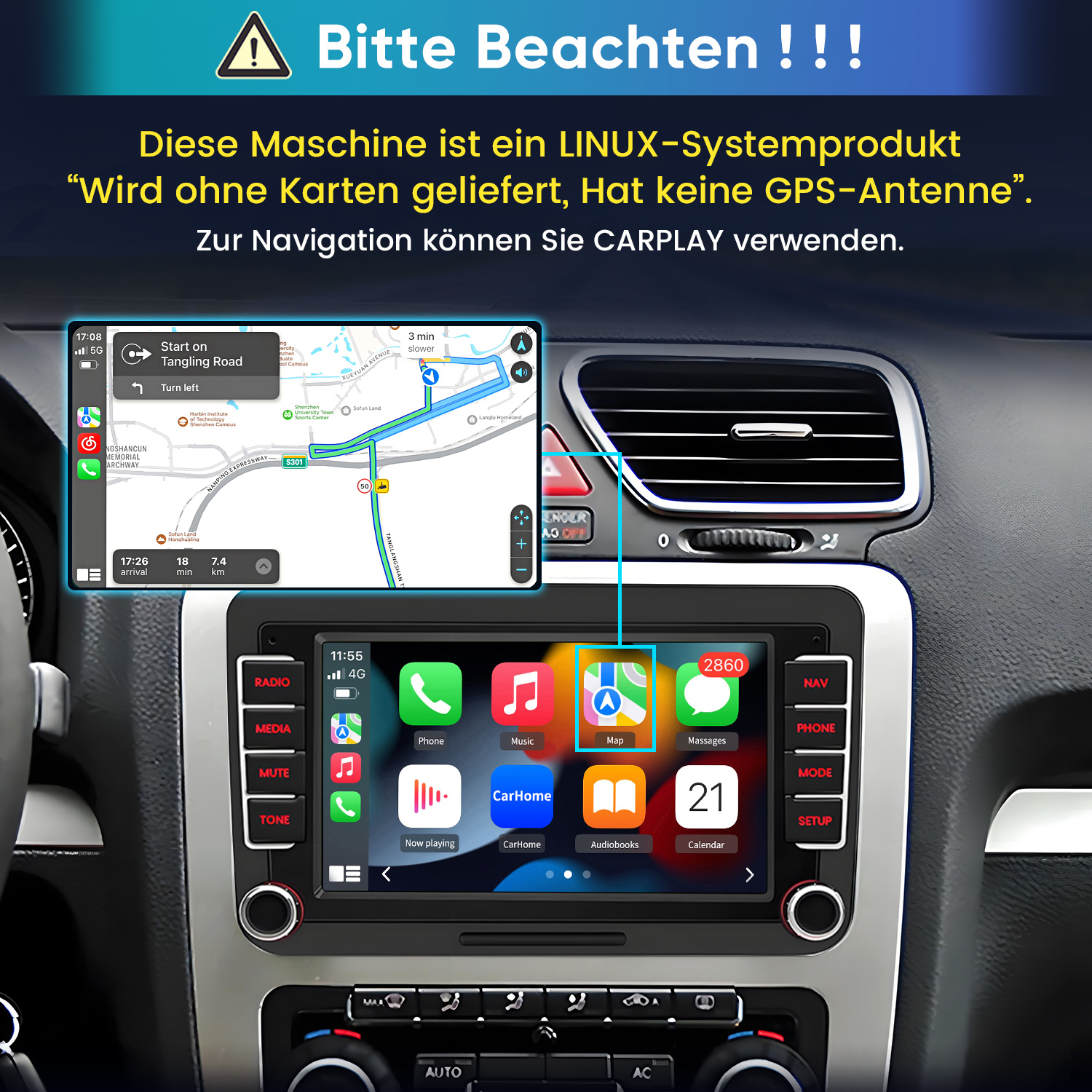 Auto-Infotainmentsystem mit Navigation und App-Übersicht.