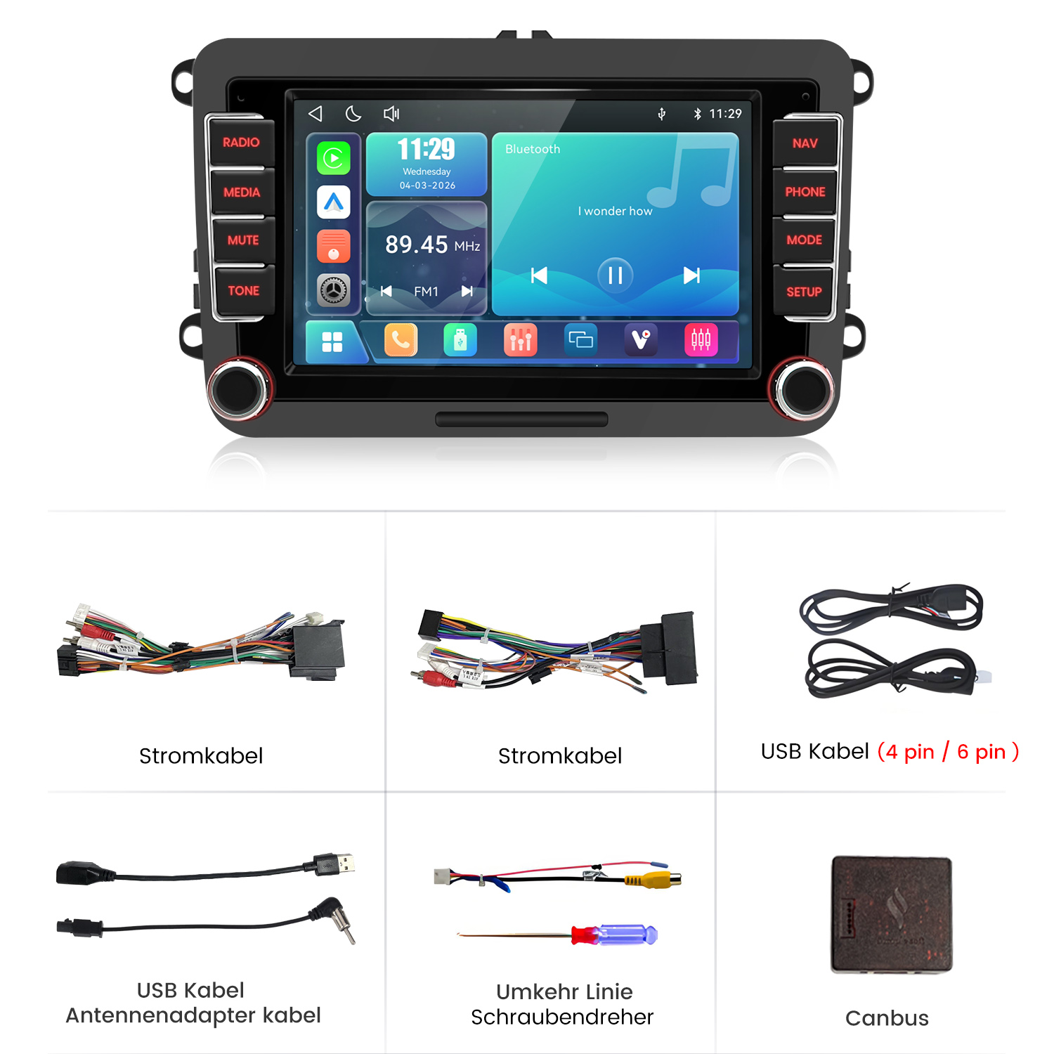 Autoradio mit Zubehör: Kabel, USB, Canbus und Schraubendreher.