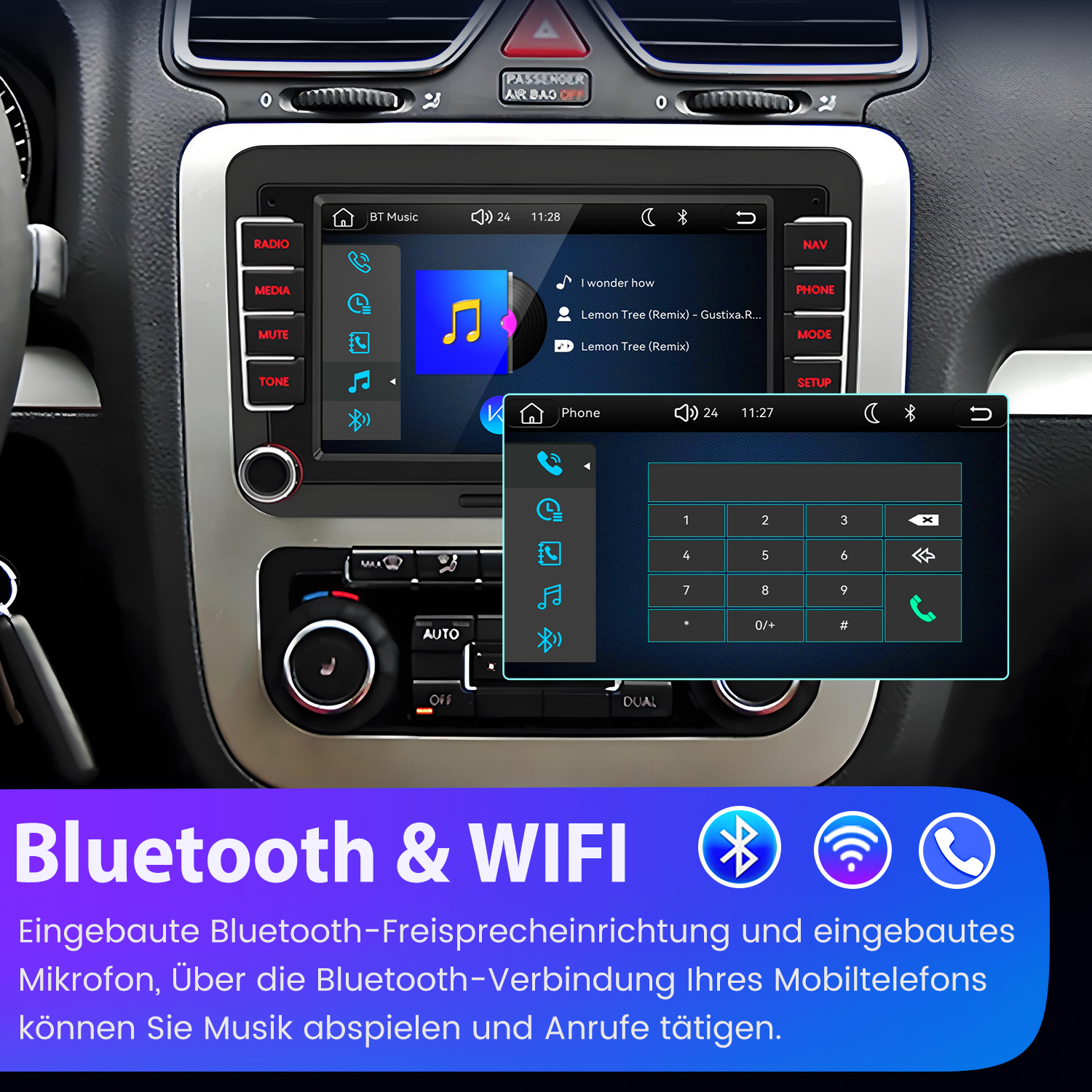 Auto-Infotainment-Bildschirm zeigt Musik und Telefonmenü mit Tastatur.