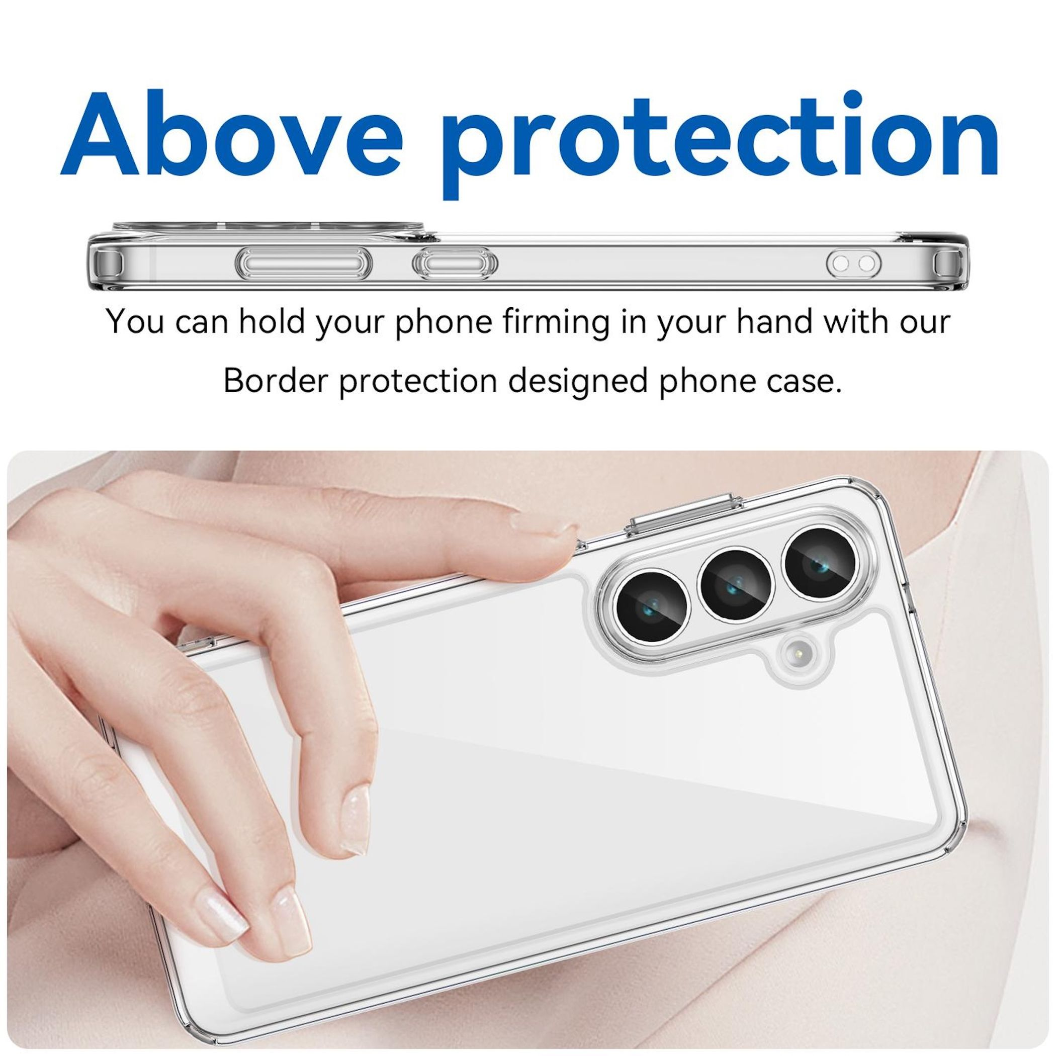 Eine Hand hält ein transparentes Handyhülle mit drei Kameralinsen.