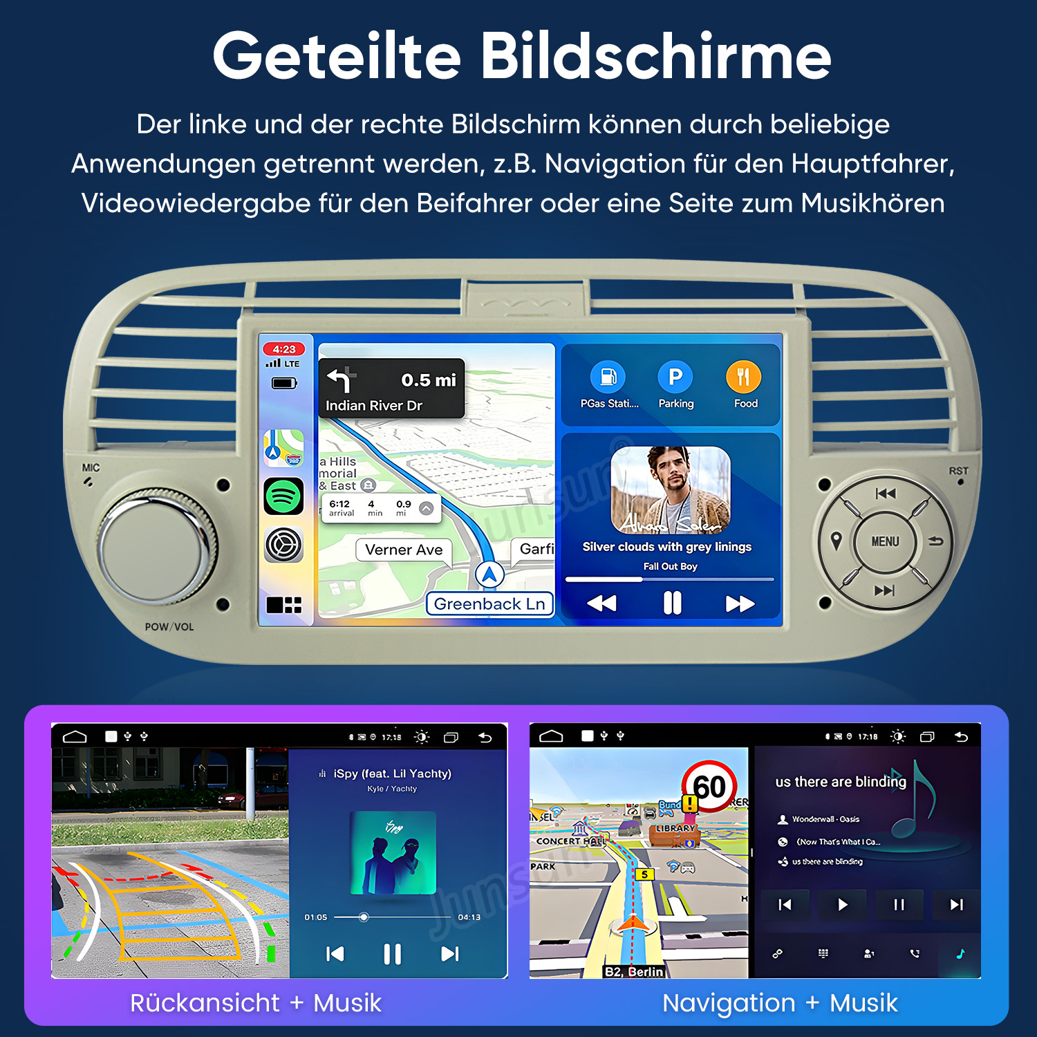 Ein Auto-Infotainmentsystem mit geteiltem Bildschirm zeigt Navigation, Musik und Rückansicht.