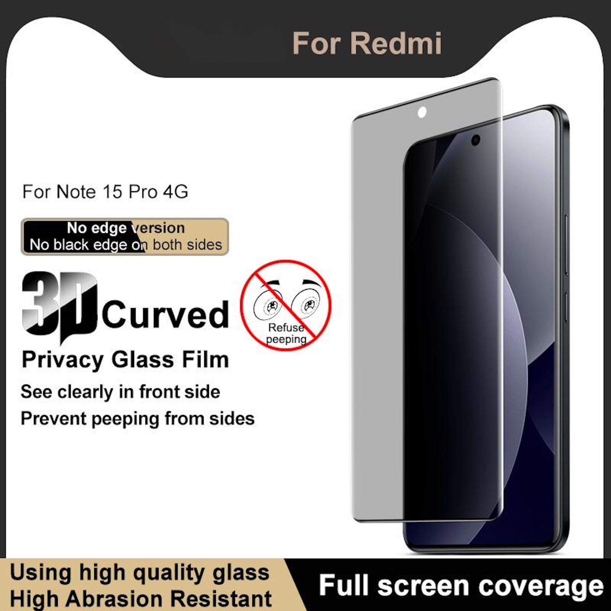 Pellicola privacy Redmi Note 15 Pro 4G, 3D curva, senza bordi, schermo intero.
