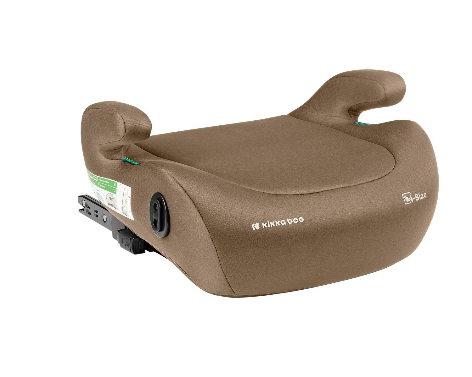 Ein brauner Kindersitz-Booster mit Armlehnen und i-Size-Logo.