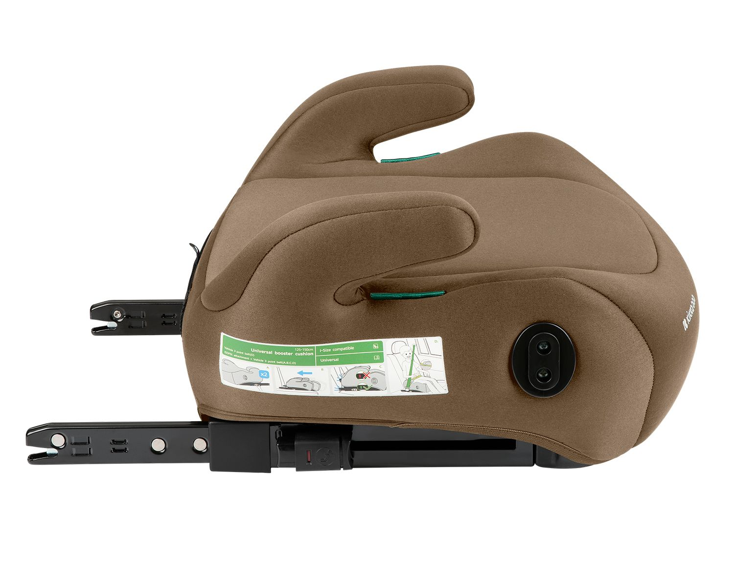 Ein brauner universeller Sitzerhöhung mit ISOFIX-Konnektoren und Sicherheitshinweisen.
