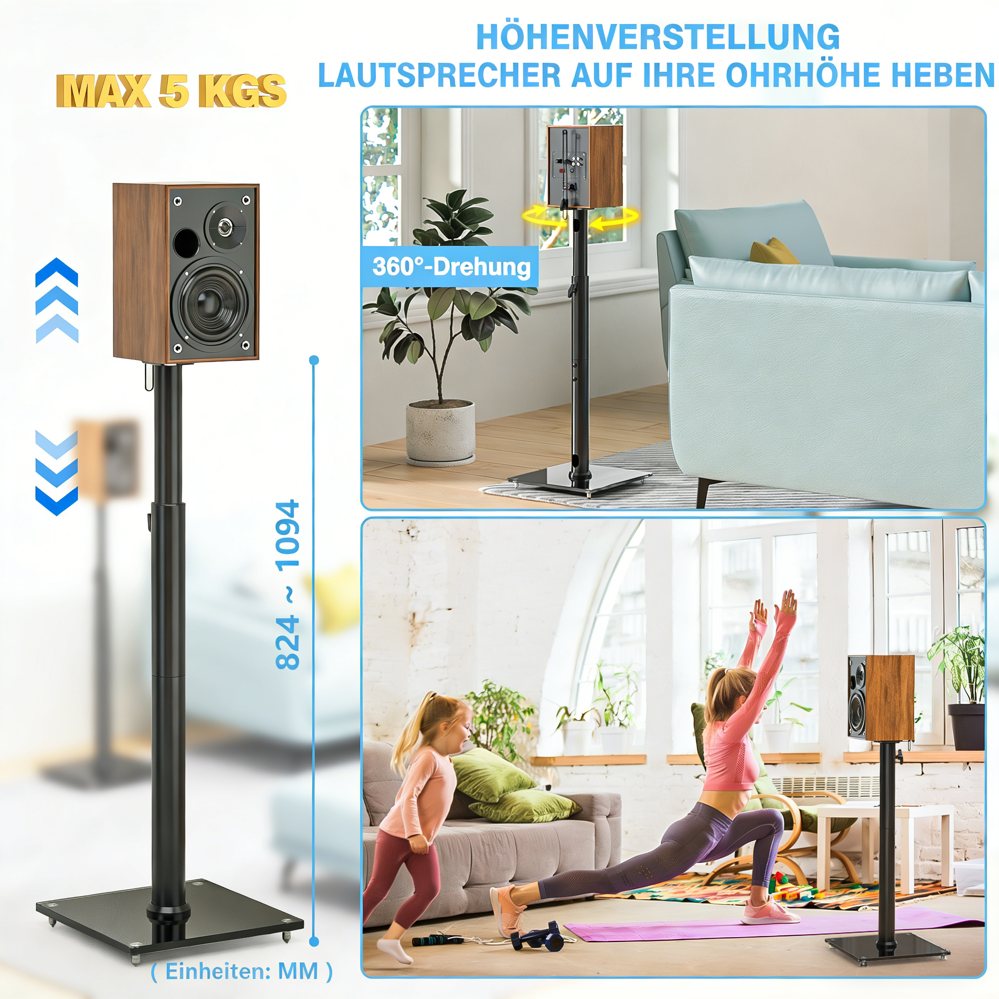 Lautsprecherständer mit verstellbarer Höhe und 360°-Drehung, max. 5 kg.