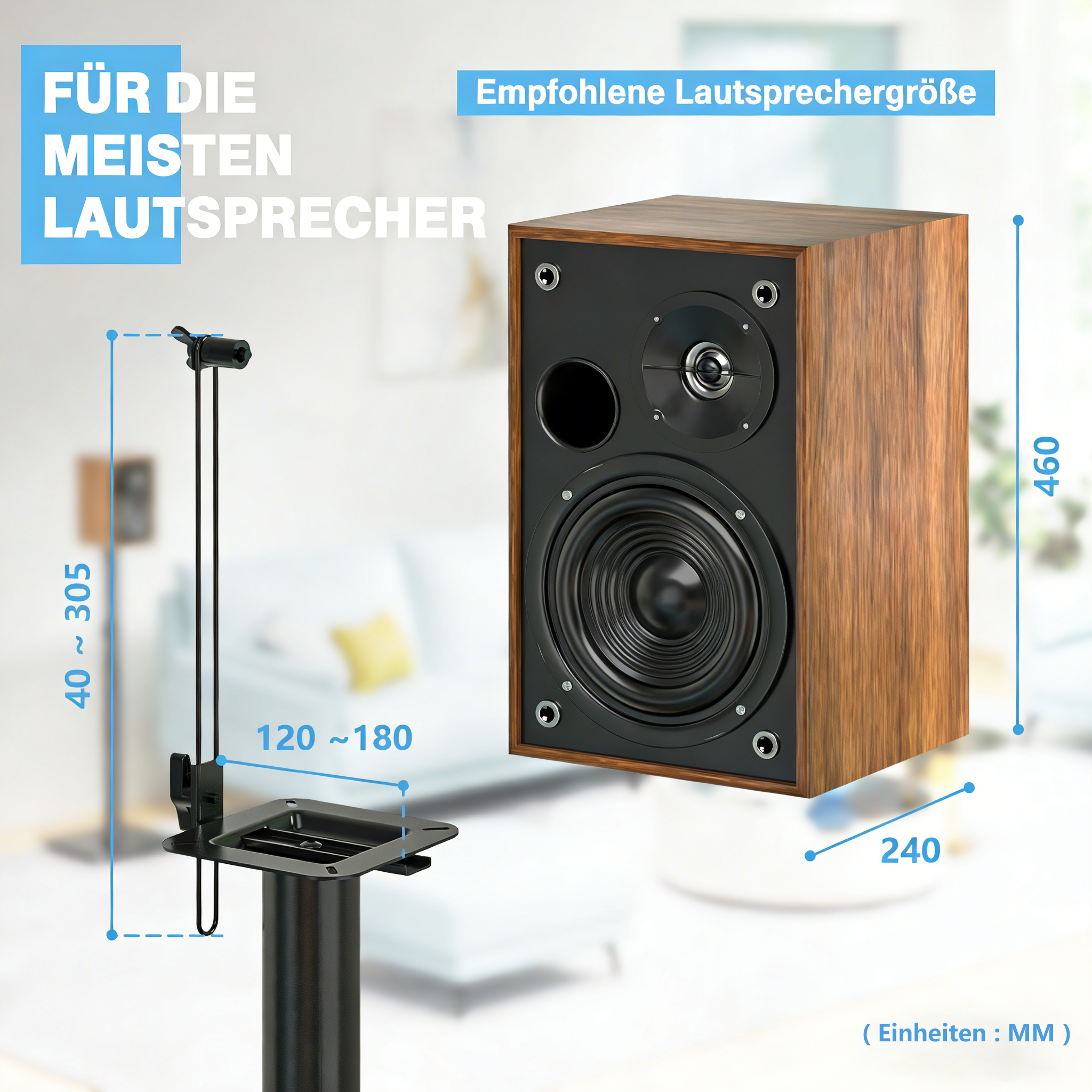 Ein Holzlautsprecher mit Maßen auf einem Ständer. Text: Für die meisten Lautsprecher.