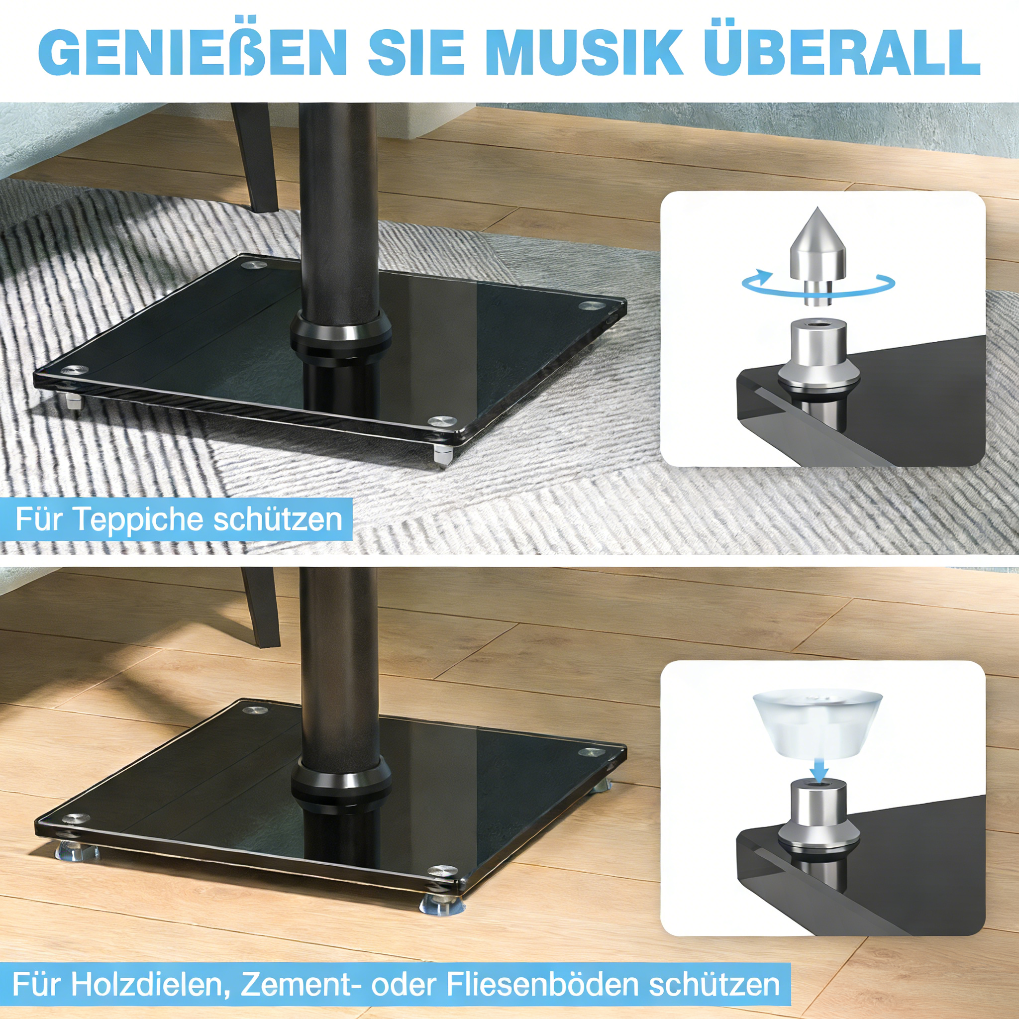 Schwarzer Plattenspielerfuß mit spitzem Dorn für Teppich und flachem Pad für Hartböden.
