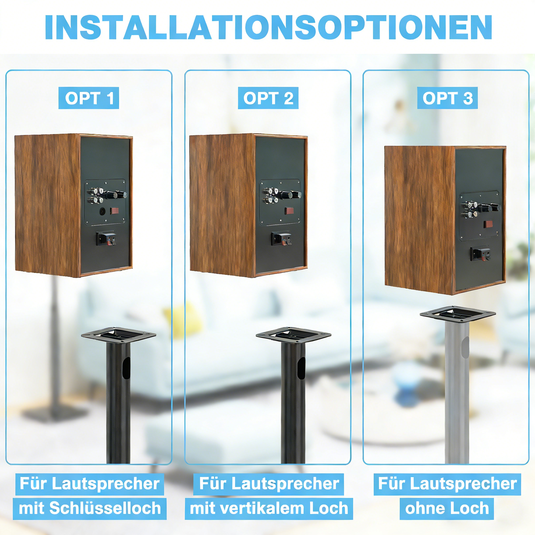 Drei Optionen für Lautsprecherinstallationen: mit Schlüsselloch, vertikalem Loch, ohne Loch.
