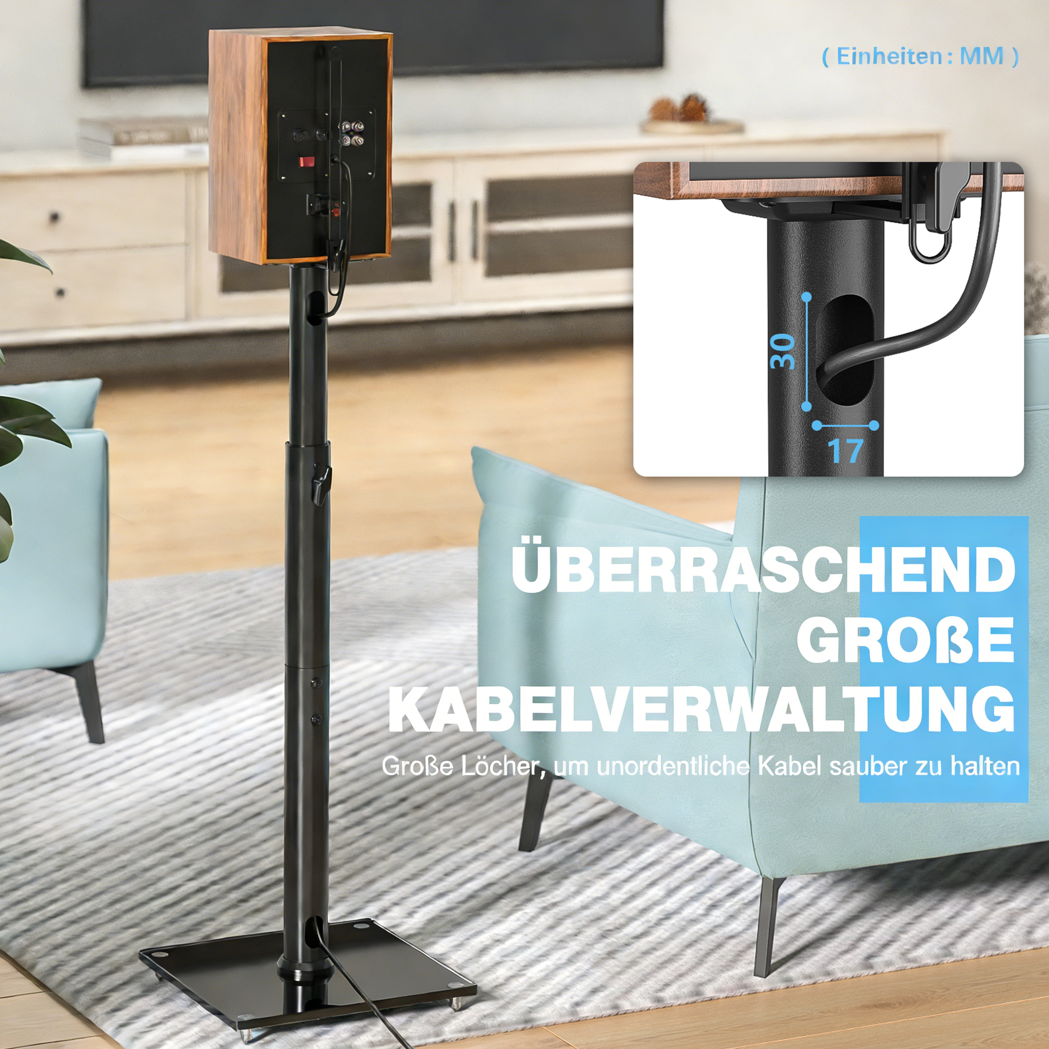Lautsprecher auf schwarzem Ständer mit Kabelmanagement-Details.
