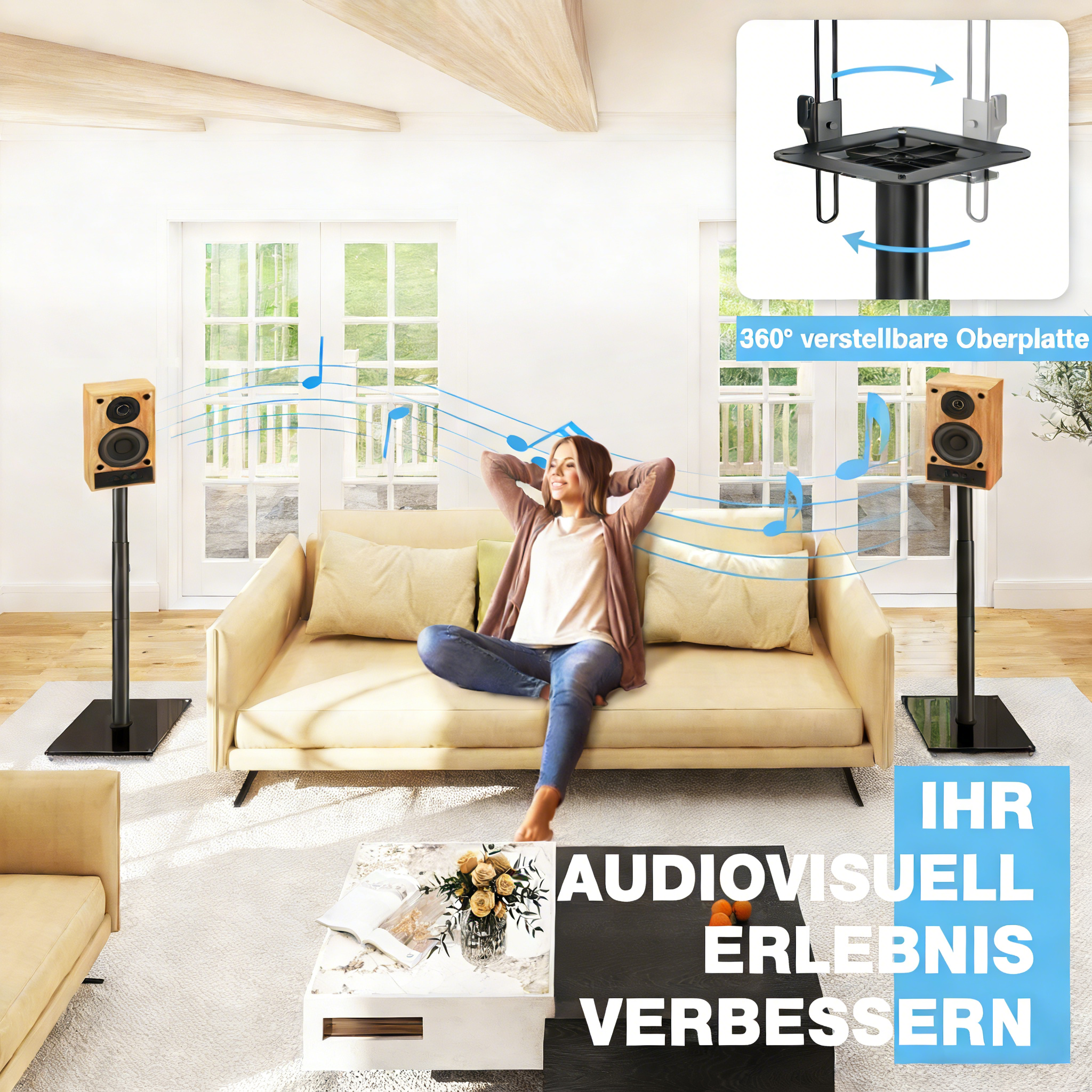 Frau entspannt sich auf Sofa, Musiknoten und Lautsprecherboxen sind zu sehen.