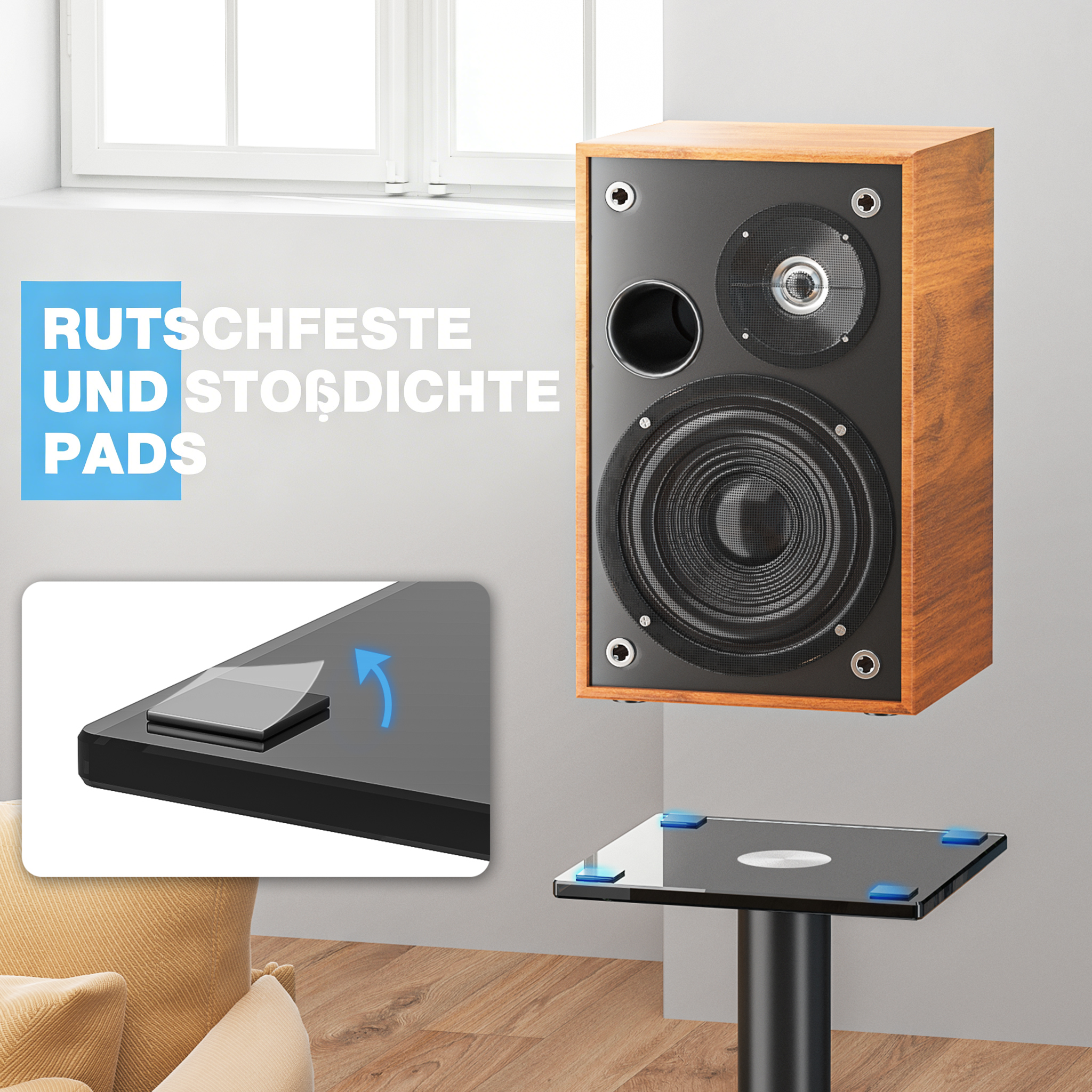 Ein Lautsprecher steht auf einem Ständer mit rutschfesten Pads.