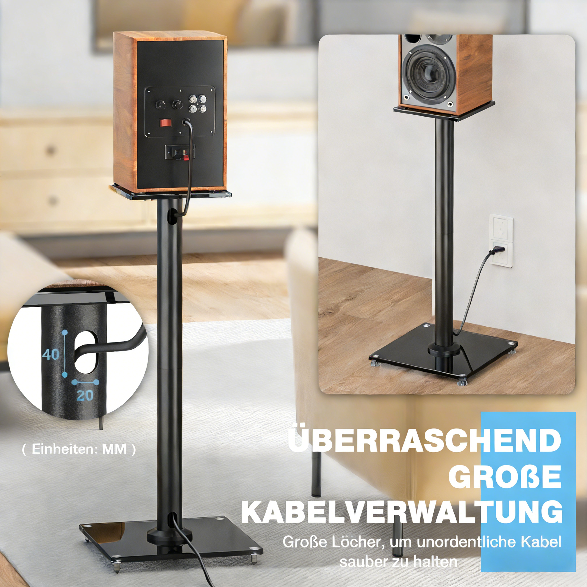 Lautsprecher auf schwarzen Ständern mit Kabelmanagement-Optionen.