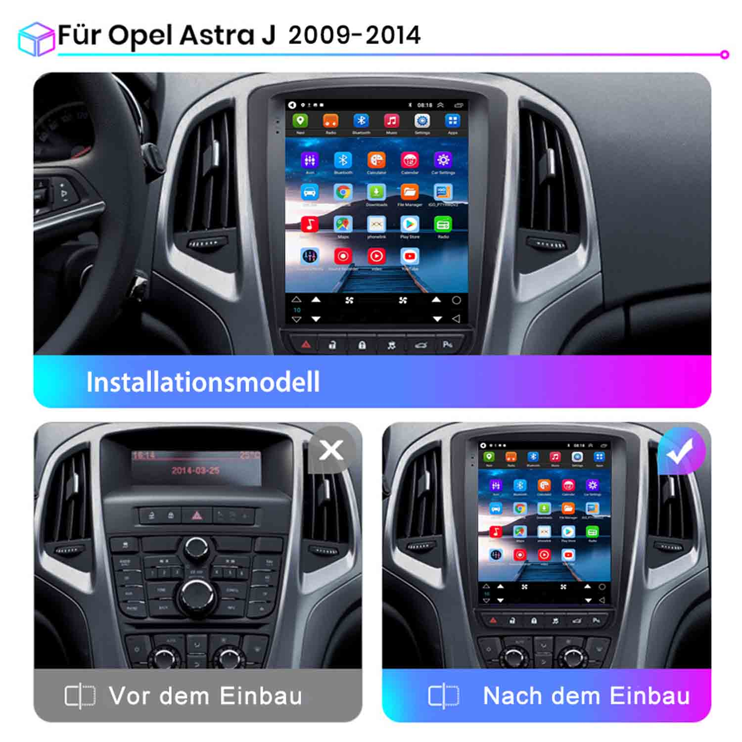 Bild zeigt Opel Astra J Infotainmentsystem-Installation vor und nach dem Einbau.