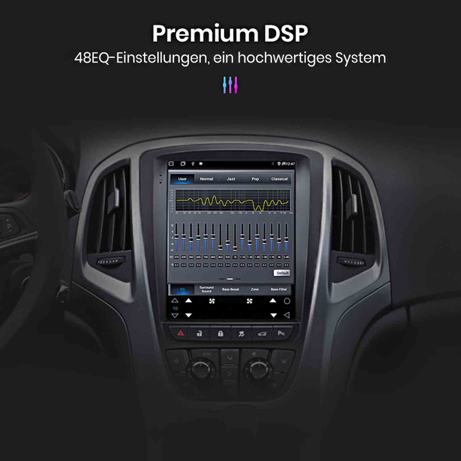 Armaturenbrett mit einem großen Touchscreen-Display, das eine Audio-EQ-Einstellung zeigt.
