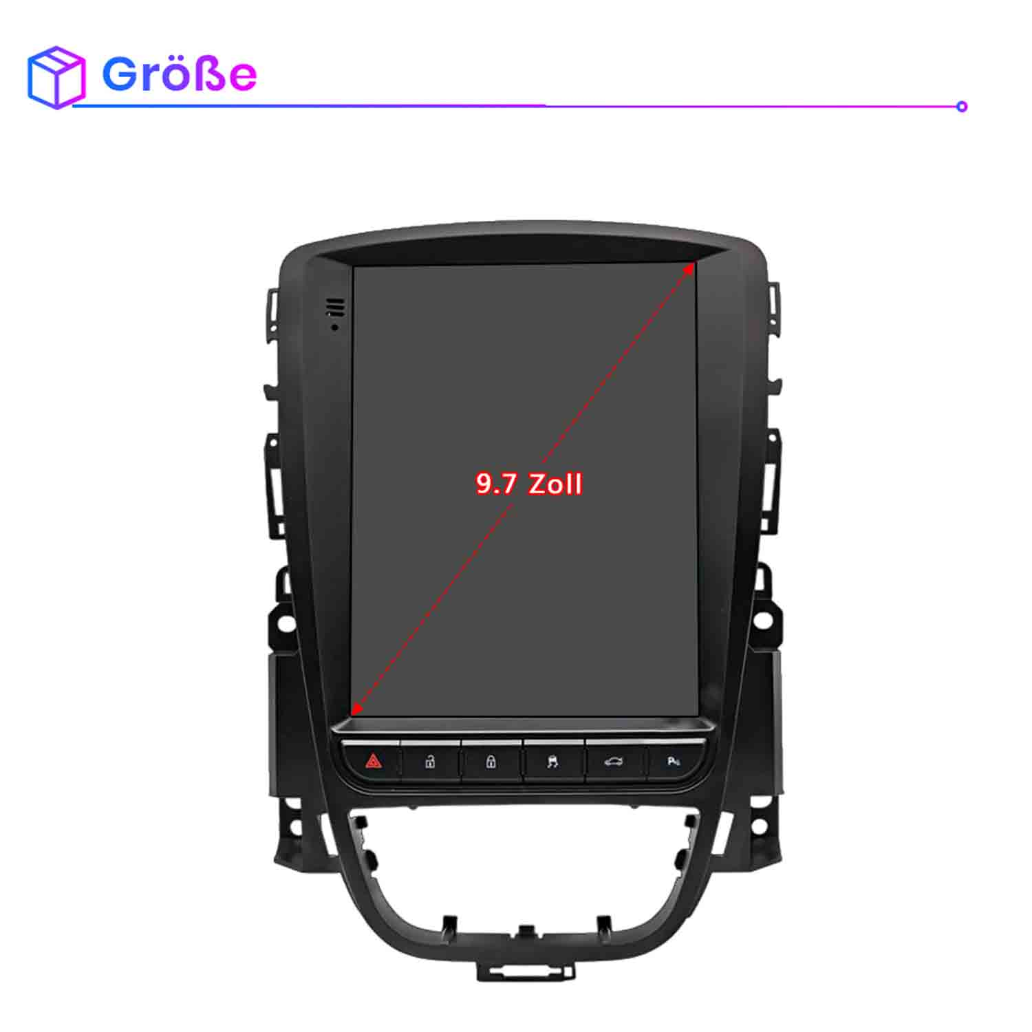 Ein schwarzes Auto-Infotainmentsystem-Display mit roter Diagonale, 9,7 Zoll.