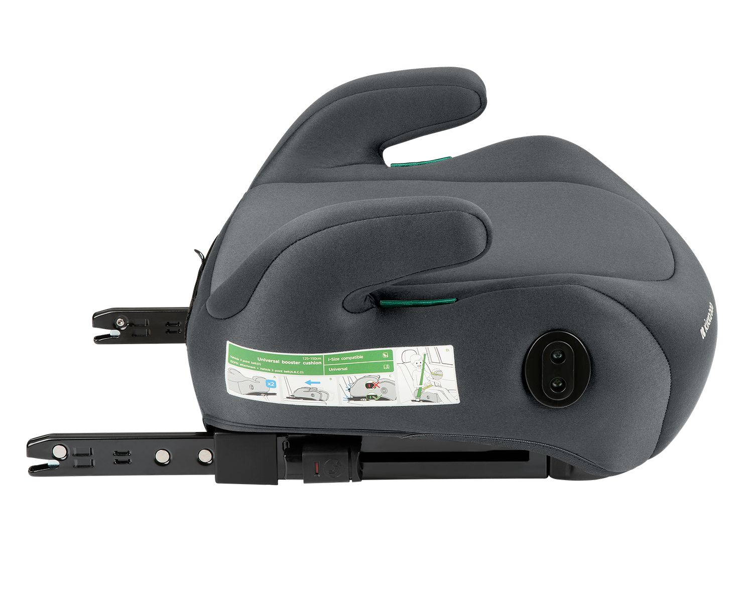 Ein grauer Autositz-Booster mit verstellbaren Armlehnen und ISOFIX-Konnektoren. Enthält Anleitungen.