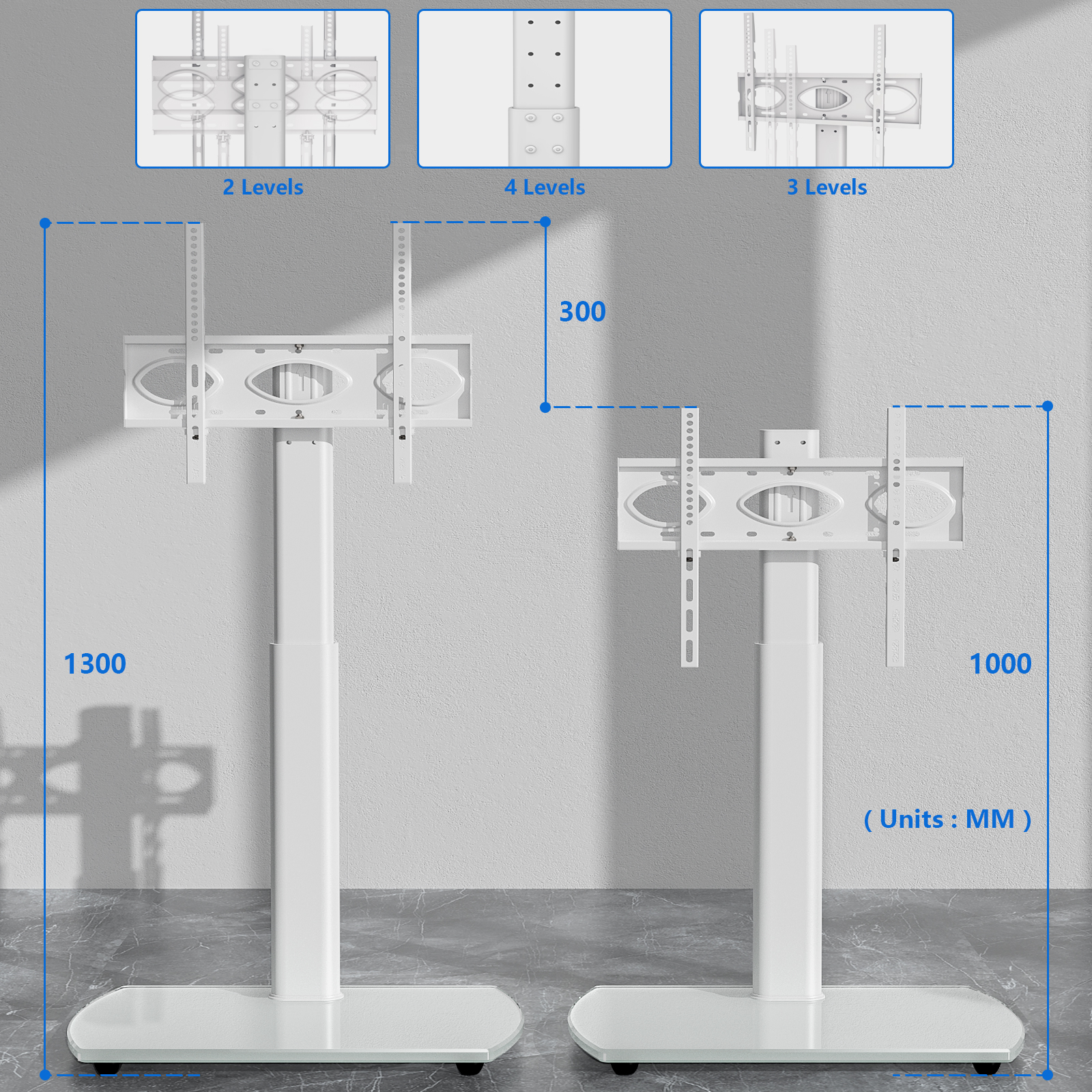Zwei weiße TV-Ständer mit Maßen 1300 mm und 1000 mm Höhe.
