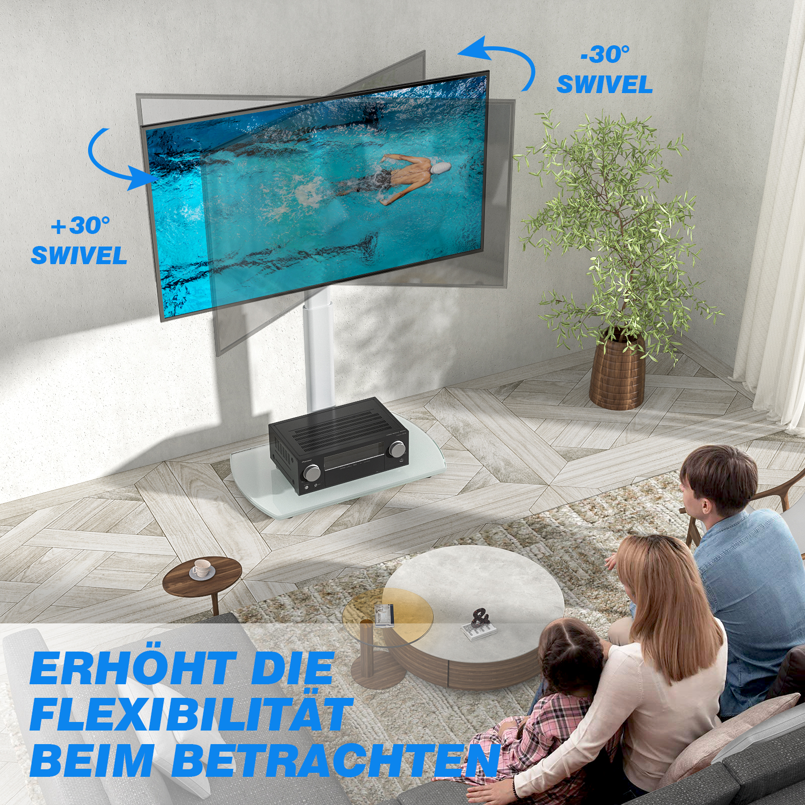 Ein Mann schwimmt im Pool, eine Familie schaut fern. TV schwenkt +30/-30 Grad.