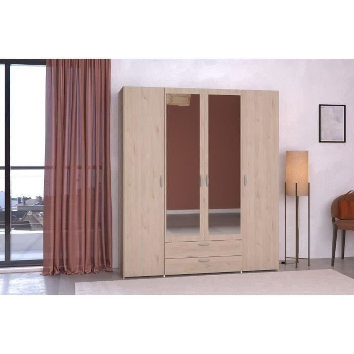Holzschrank mit Spiegeltüren und zwei Schubladen, daneben ein Stuhl und eine Lampe.