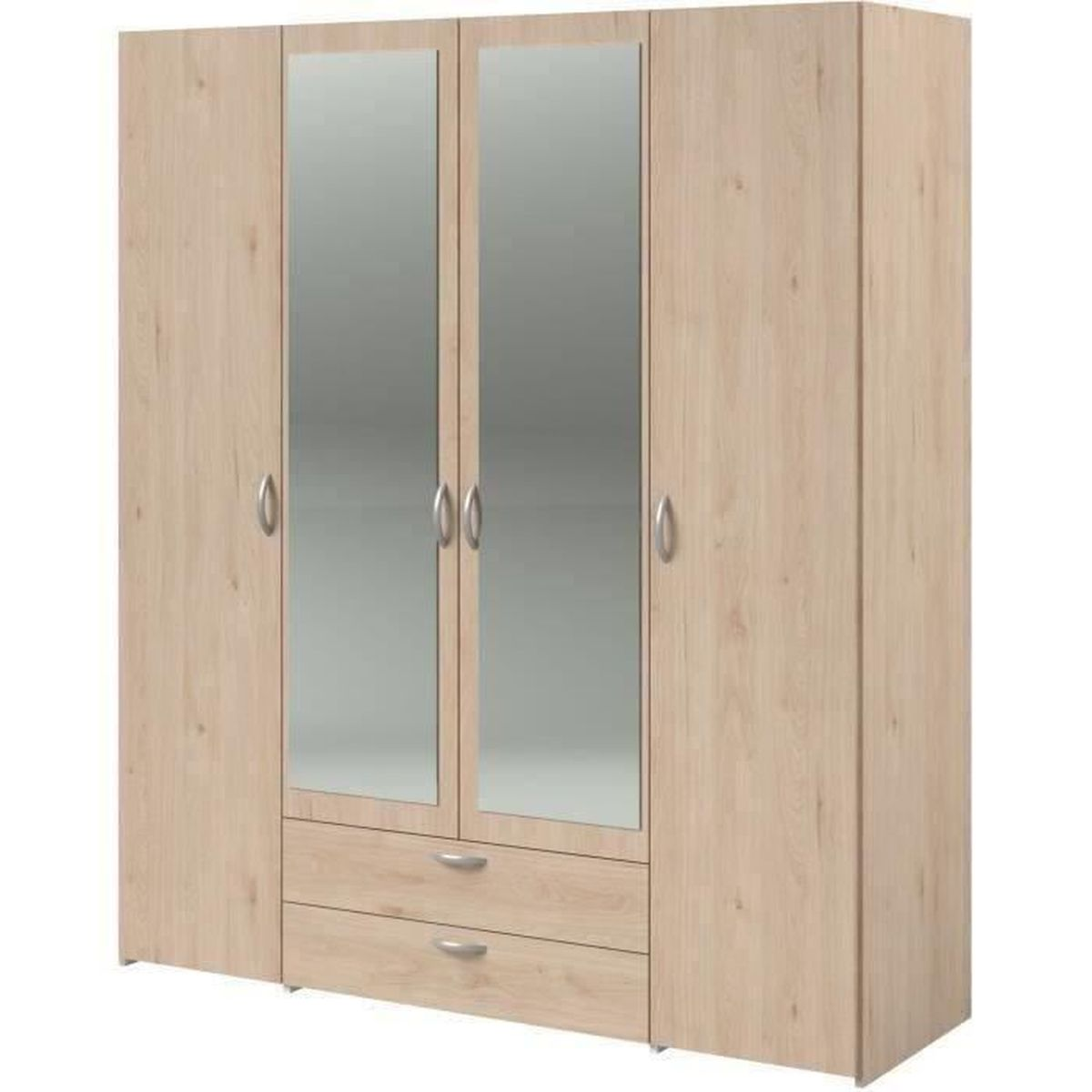Ein heller Holzschrank mit vier Türen, zwei davon mit Spiegeln, und zwei Schubladen.
