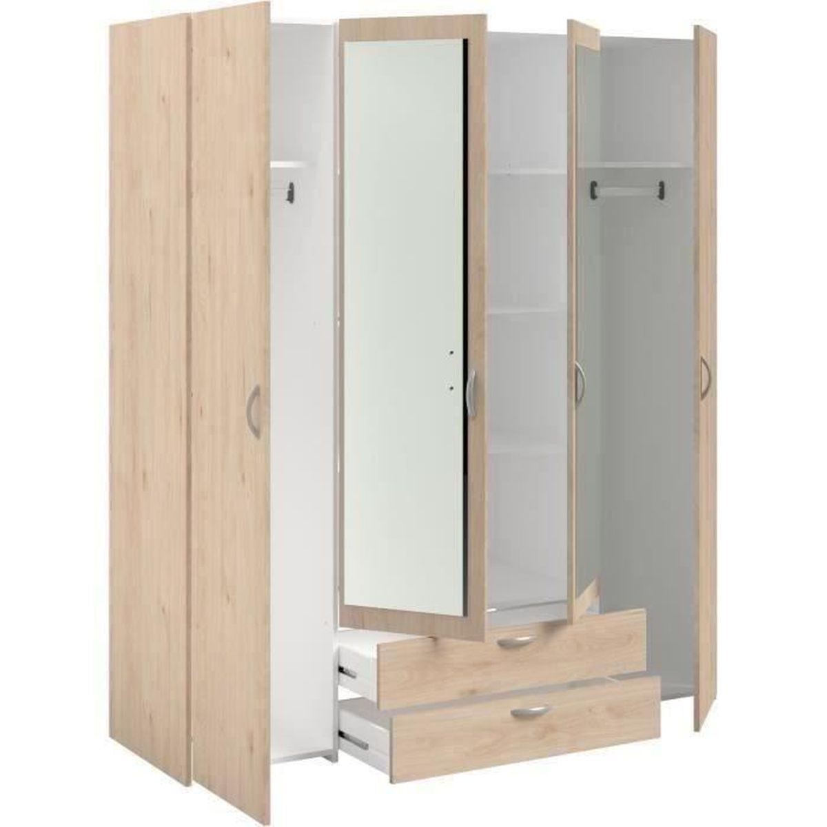Ein heller Holzschrank mit drei Türen, einer Spiegeltür und zwei Schubladen.