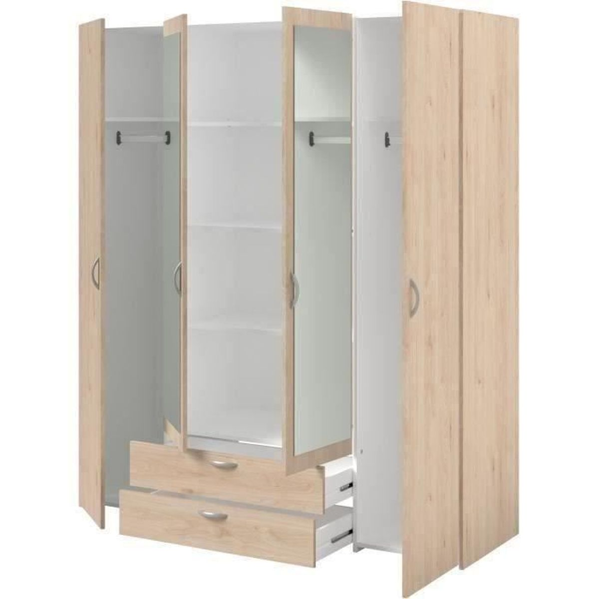 Ein offener Kleiderschrank mit drei Türen, zwei Schubladen und Kleiderstangen.