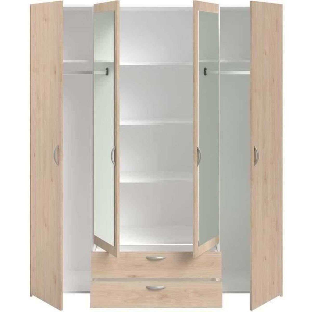 Ein heller Schrank mit vier Türen, zwei davon mit Spiegeln, und zwei Schubladen.