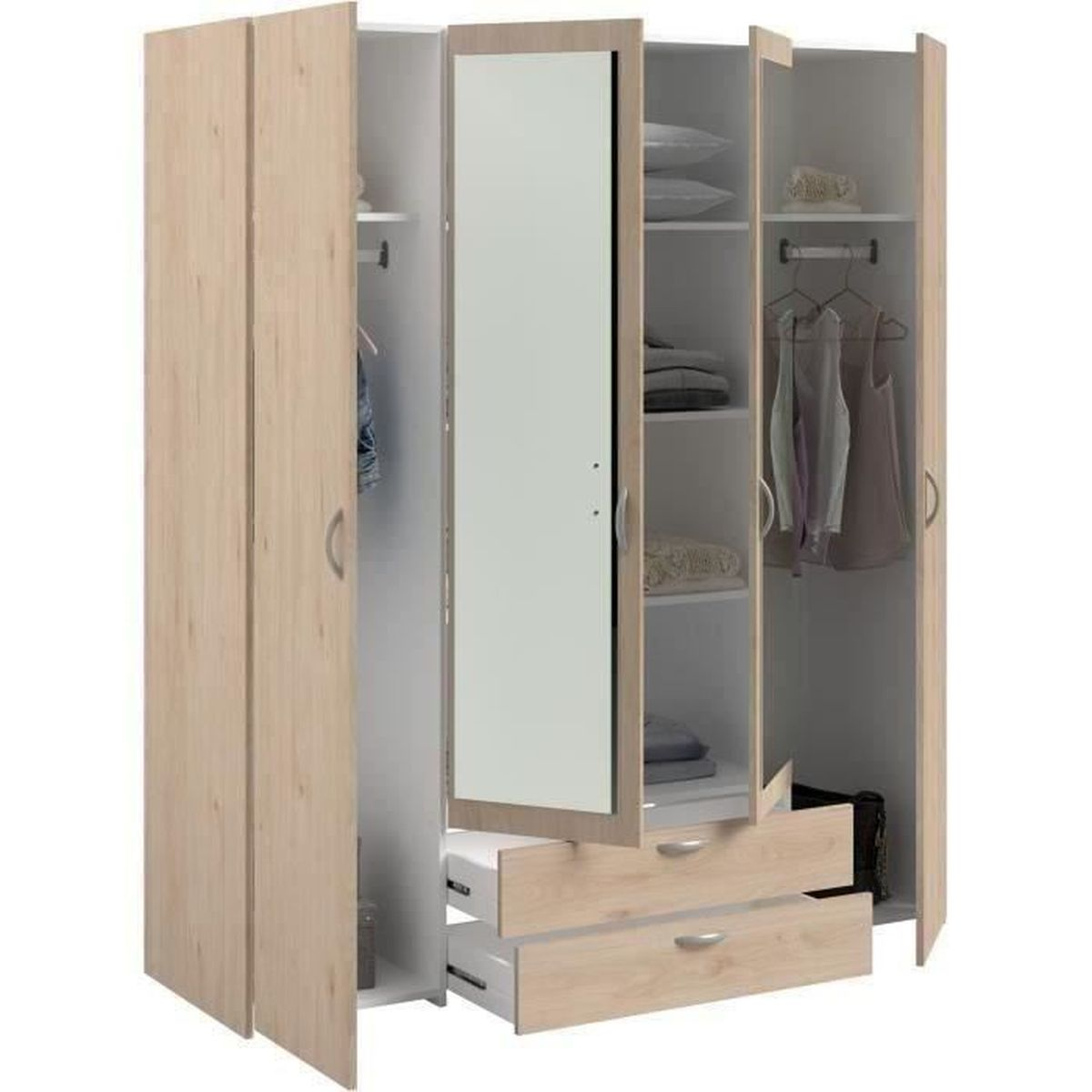 Offener Kleiderschrank mit Spiegel, Einlegeböden und Schubladen.