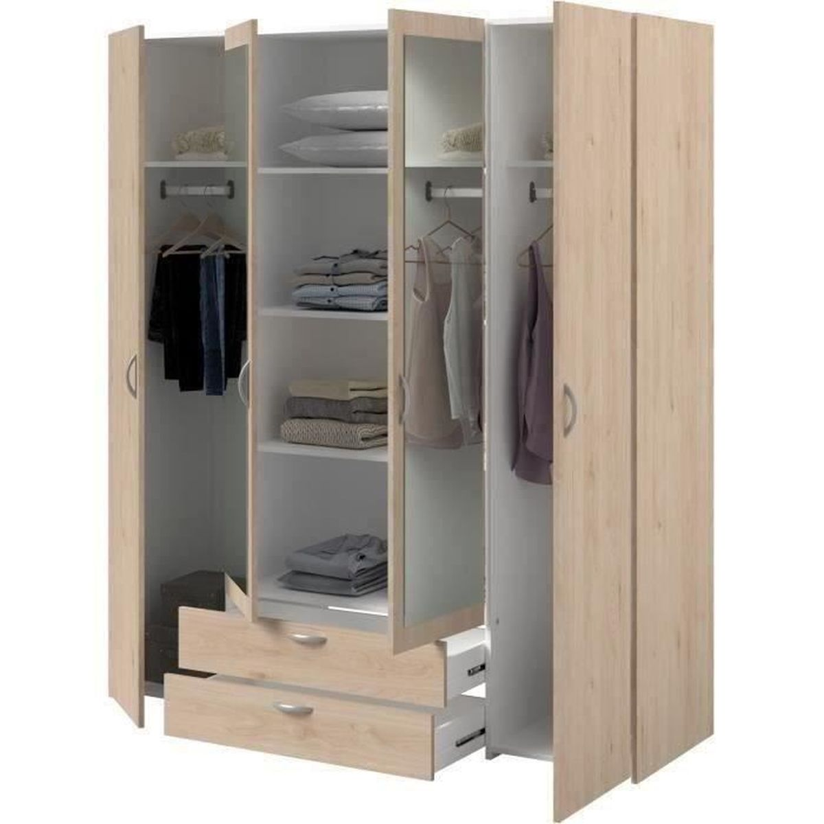 Holzschrank mit offenen Türen, Kleidung und Kissen auf Regalen, Schubladen unten.