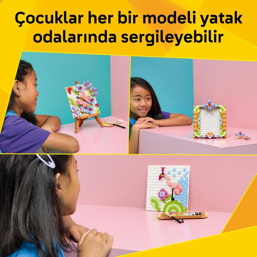 Ragazze costruiscono ed espongono colorate opere LEGO come cornici e fenicotteri.