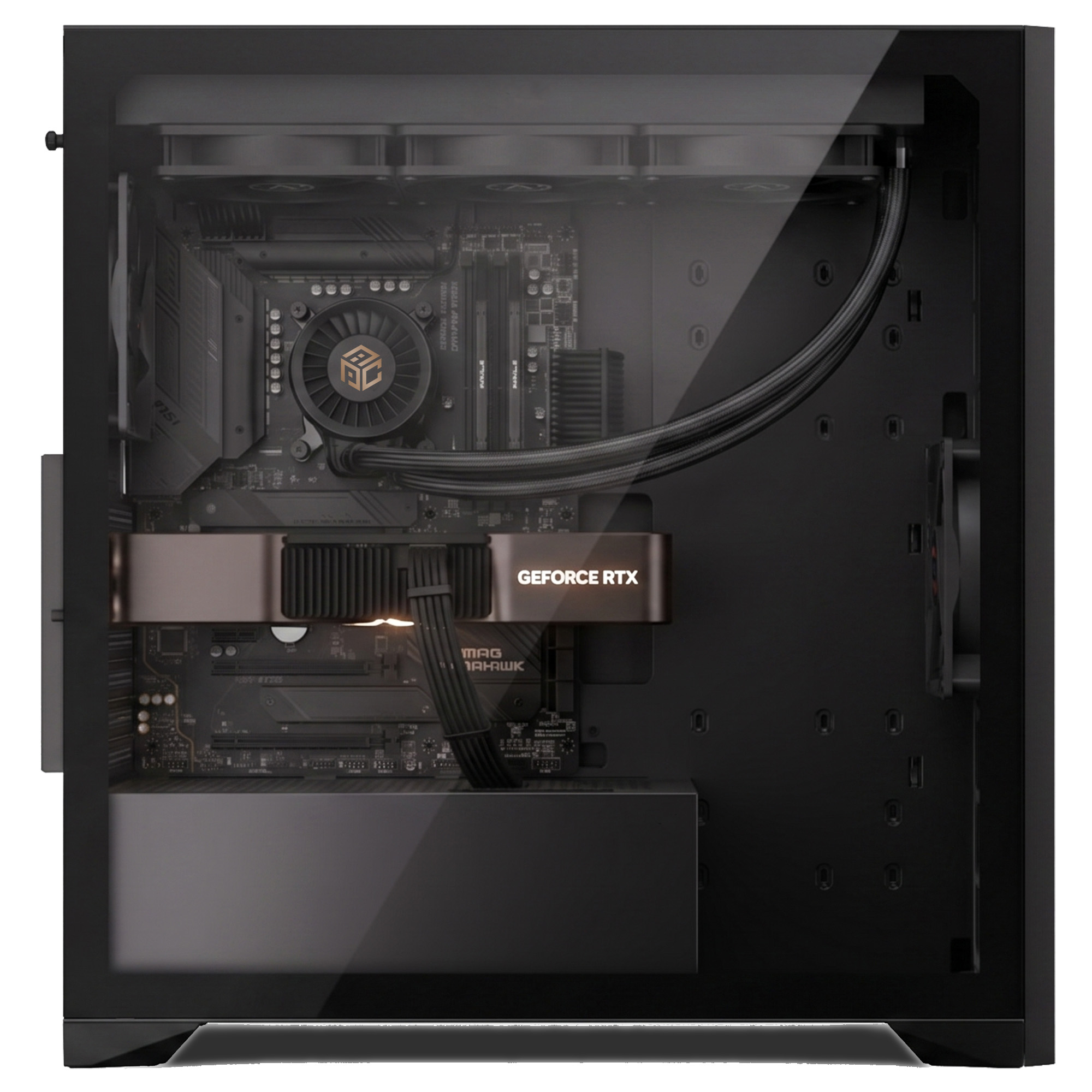Ein schwarzer Computergehäuse-Innenraum mit einer Grafikkarte, Motherboard und Lüftern.
