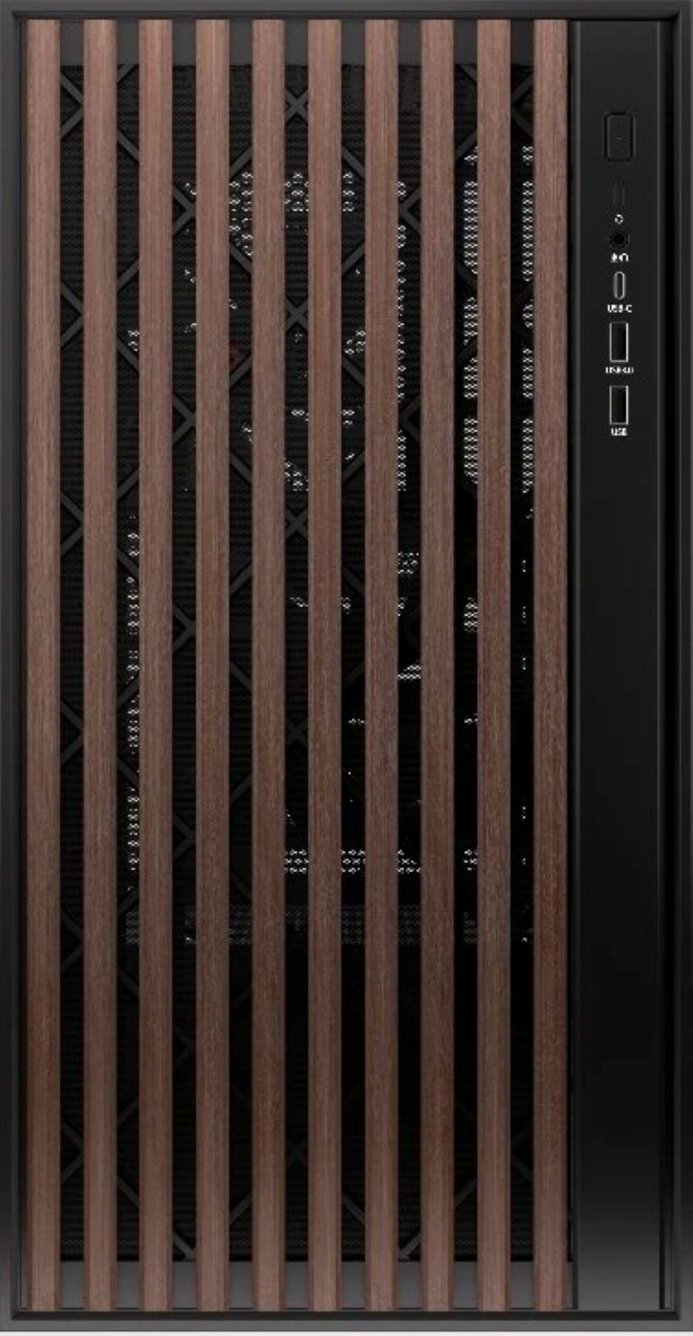 Ein PC-Gehäuse mit vertikalen Holzlatten und einem schwarzen Gitter dahinter.