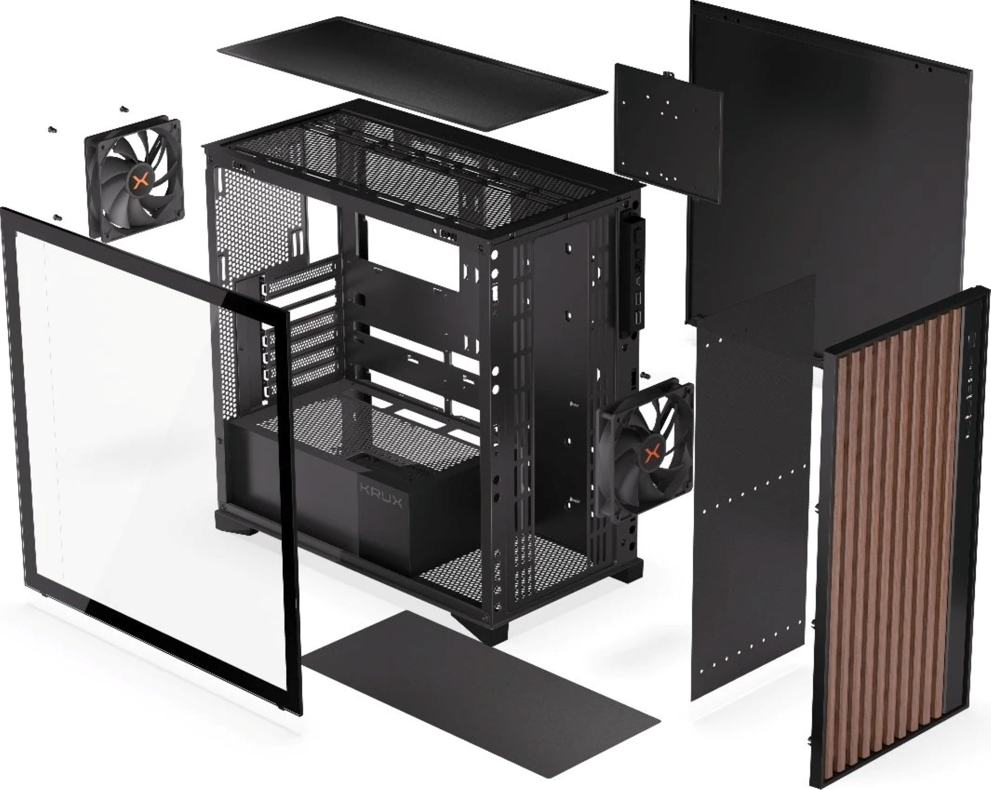 Explosionsansicht eines schwarzen Computergehäuses mit Glasseitenteil, Lüftern und Holzfront.