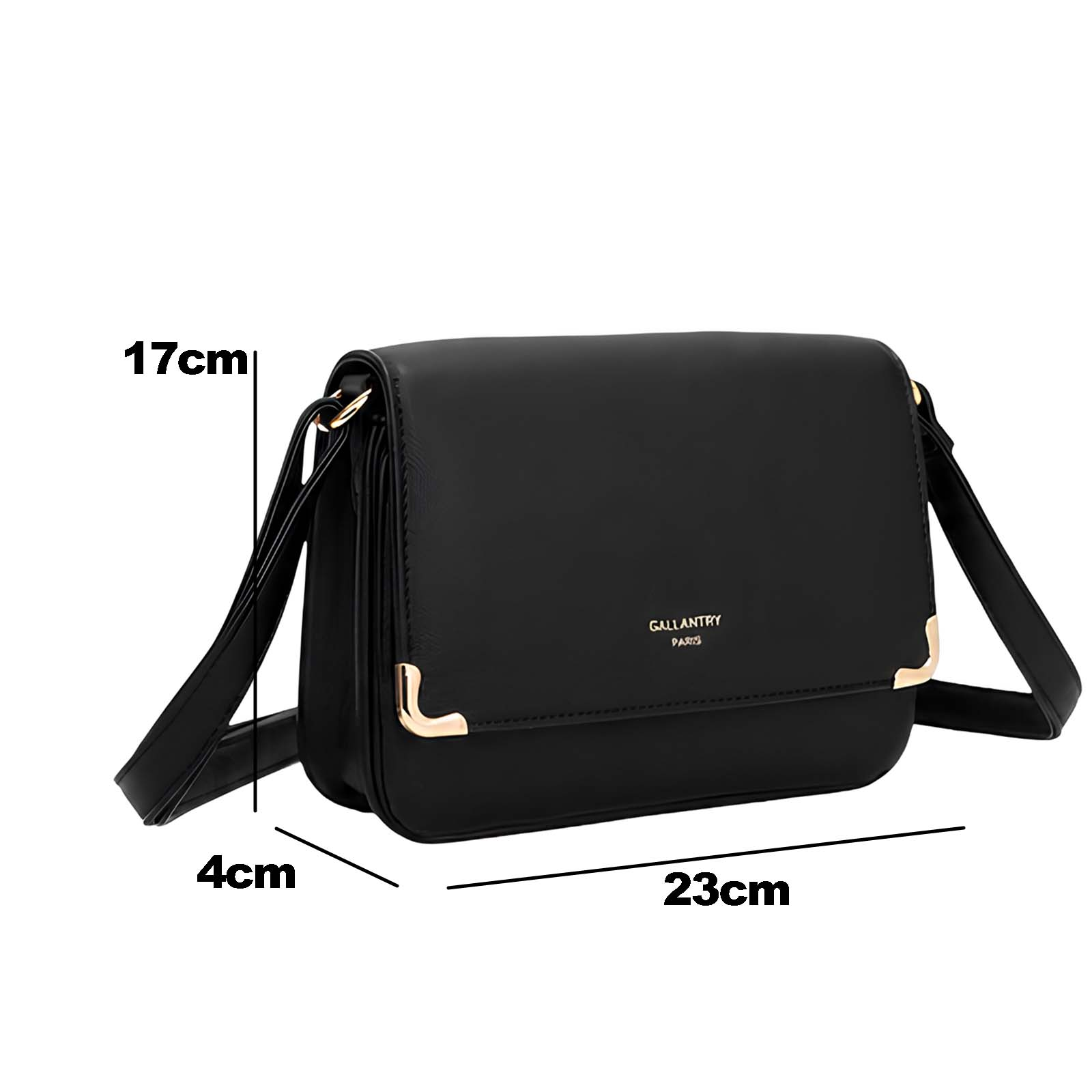 Bolso bandolera negro con herrajes dorados e indicadores de tamaño.