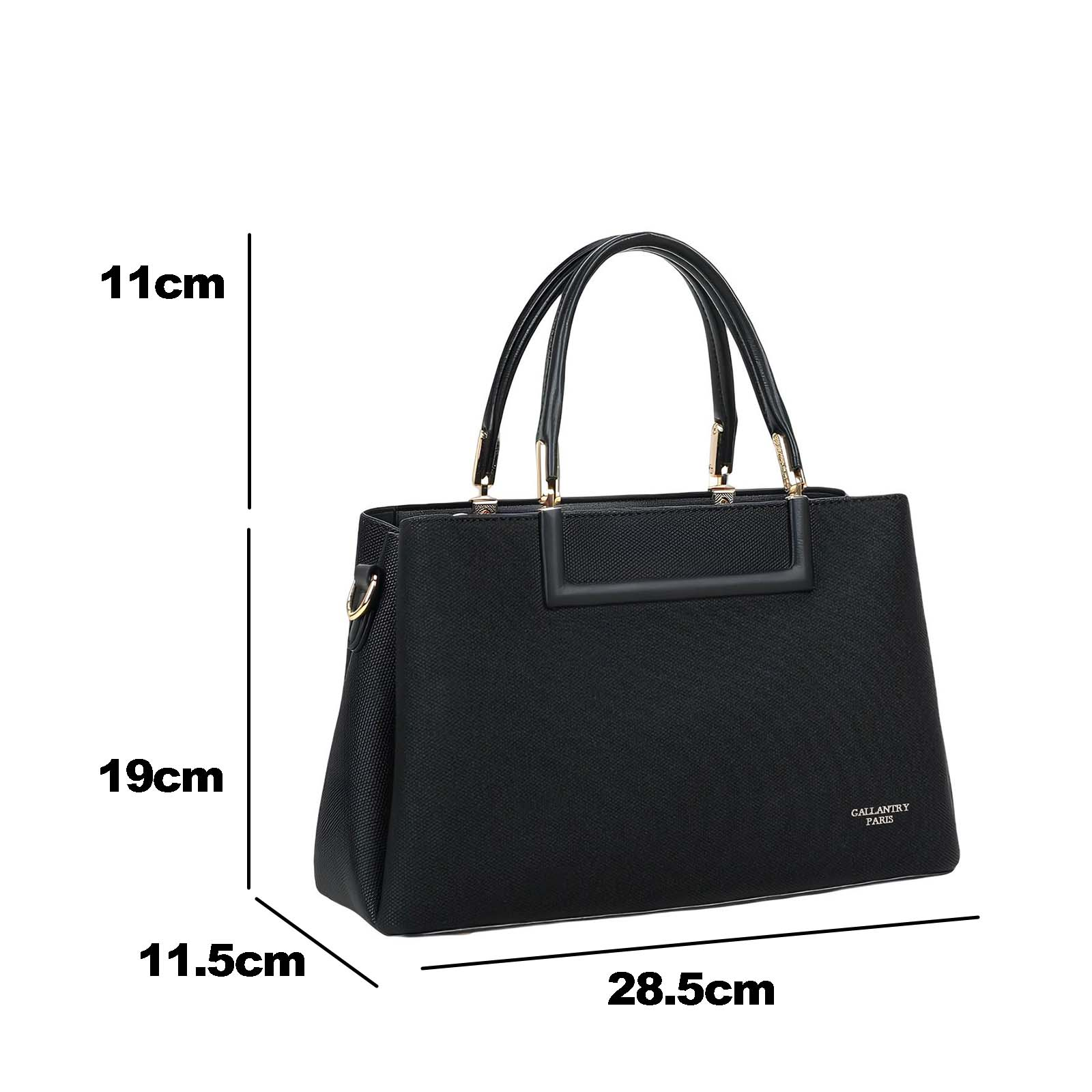 Bolso negro con asas y dimensiones. Marca: Gallantry Paris.