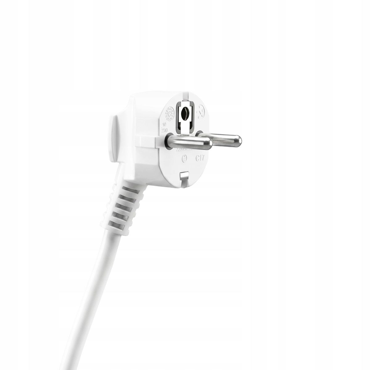 Ein weißer Stecker mit zwei runden Metallstiften und einem Kabel.
