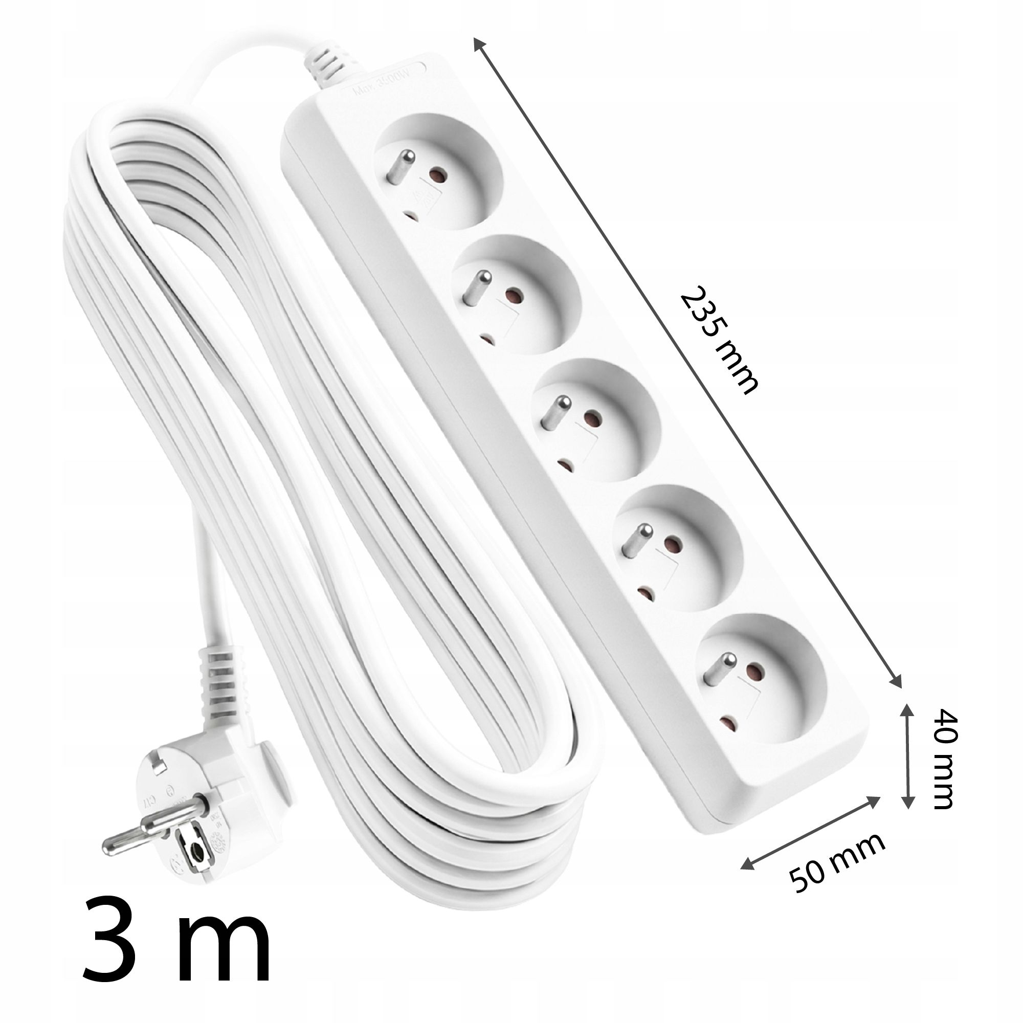 Ein weißer Mehrfachsteckdosenverteiler mit vier Steckplätzen und einem 3-Meter-Kabel.