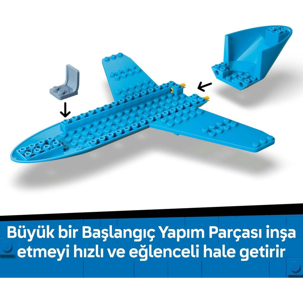 Takılan kanatları ve kuyruk parçaları olan mavi Lego uçak gövdesi.
