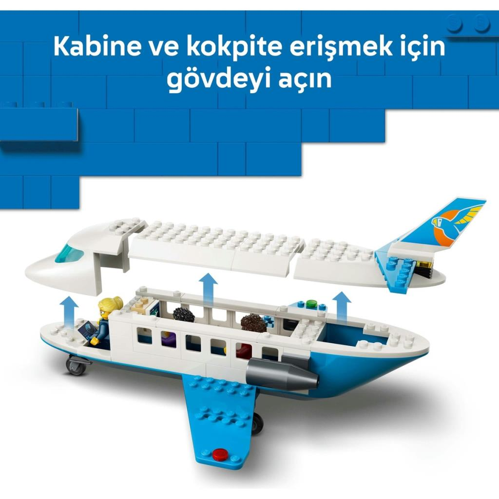 Yolcuları ve kokpiti gösteren, çıkarılabilir gövdeli Lego uçak.