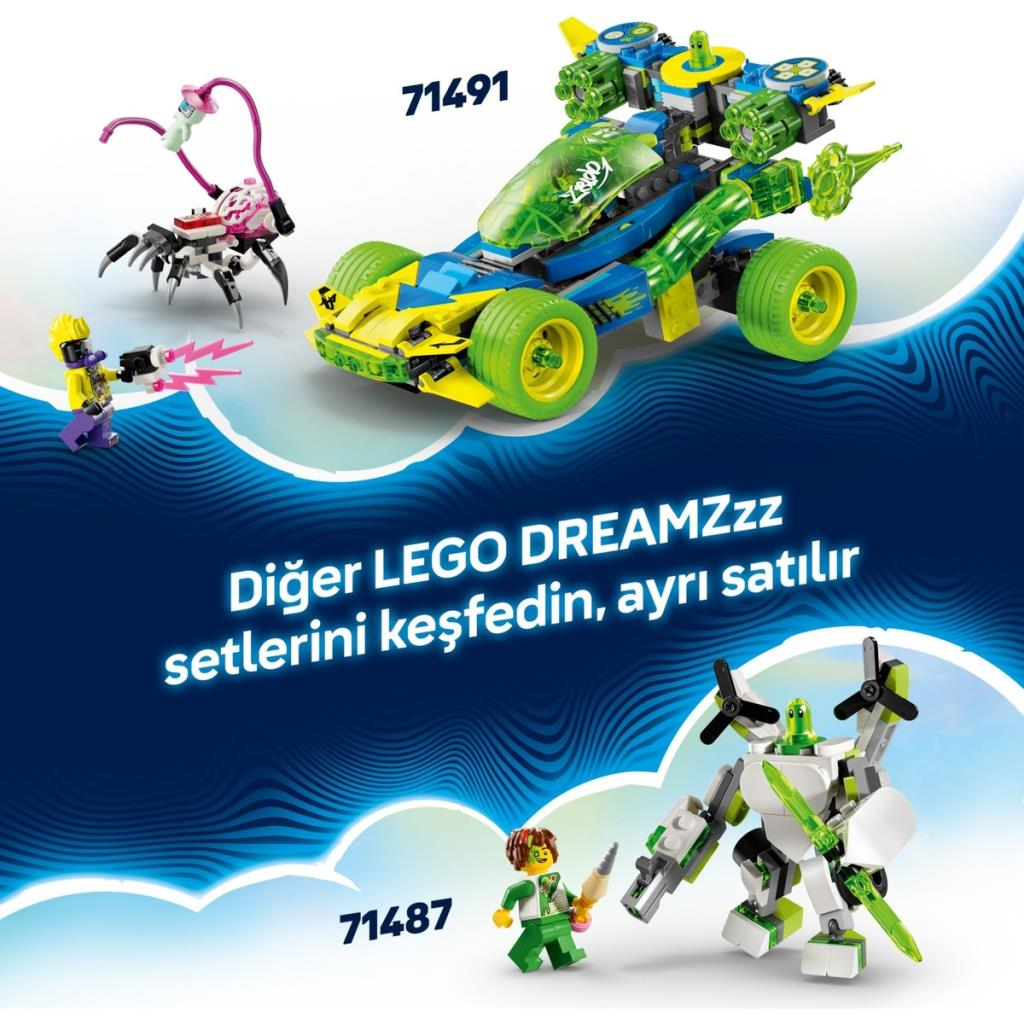 LEGO DreamZzz setleri: mavi/sarı araba, örümcek robot ve yeşil/beyaz mekanik.