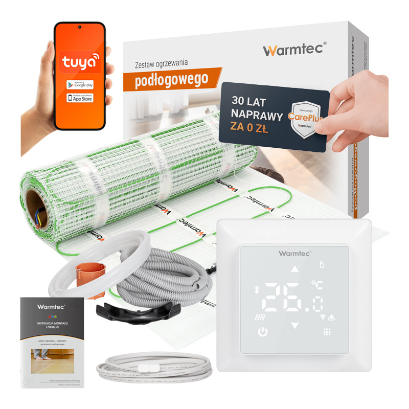 Zestaw ogrzewania podłogowego Warmtec z termostatem, matą i instrukcją.